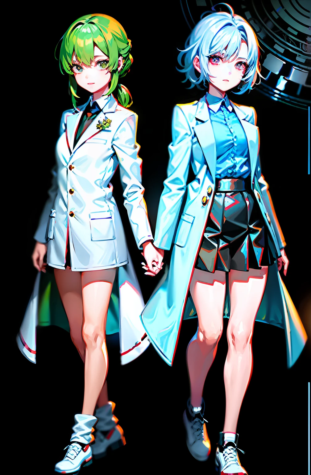 The girl on the left wears a long white coat，Short socks，It's green eyes。The girl on the right is white-haired，Red eyes，There are dull hairs。