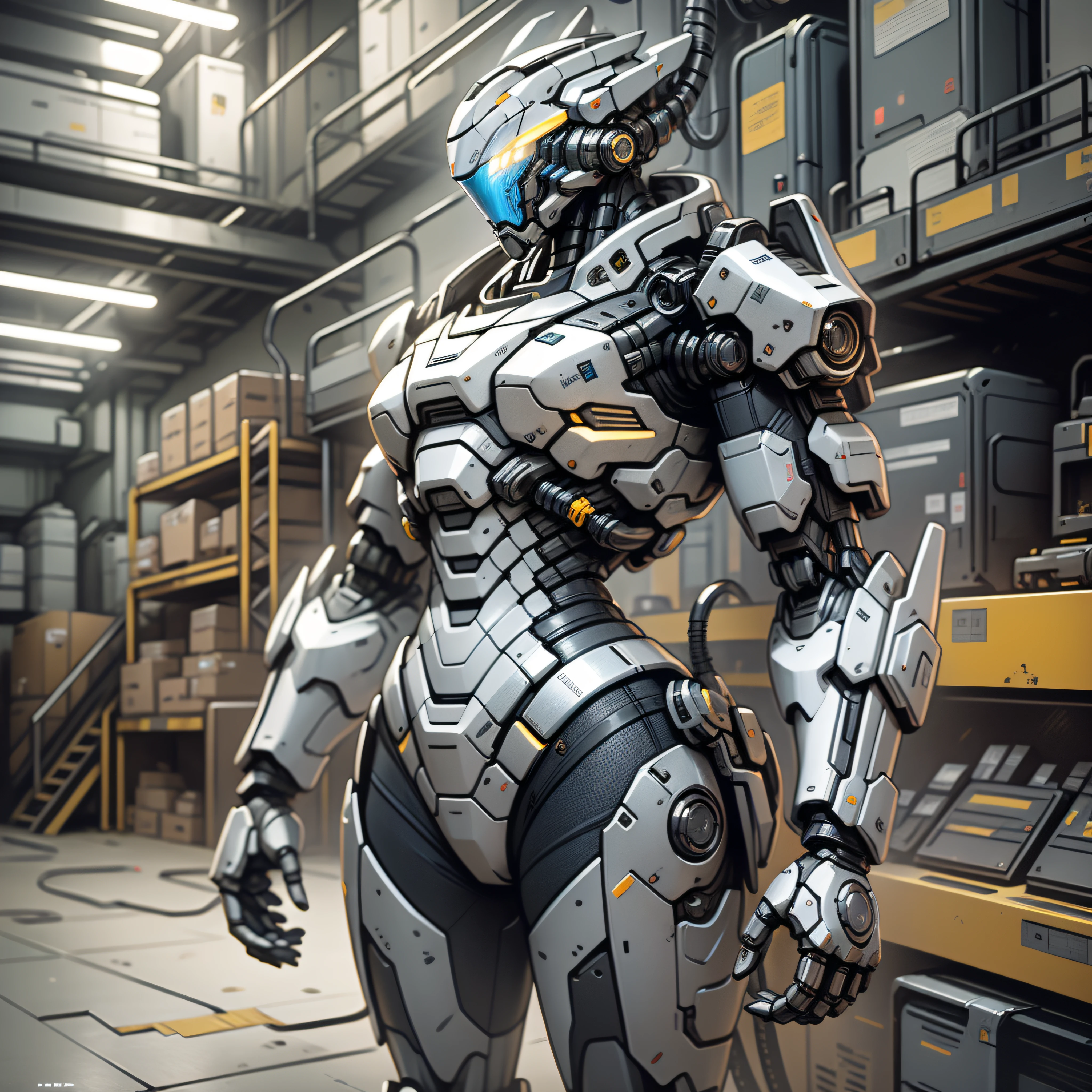 (masterpiece, best quality),  intricate details, photo, realistic, unreal engine, Gray chrome and blue chrome
 Mecha, humanoid robot, robot, robot joints, joints, helmet, armor, robot man, new, cyberpunk warehouse, computer terminals, arcing electricity,  sp3ct4,  dark atmosphere,