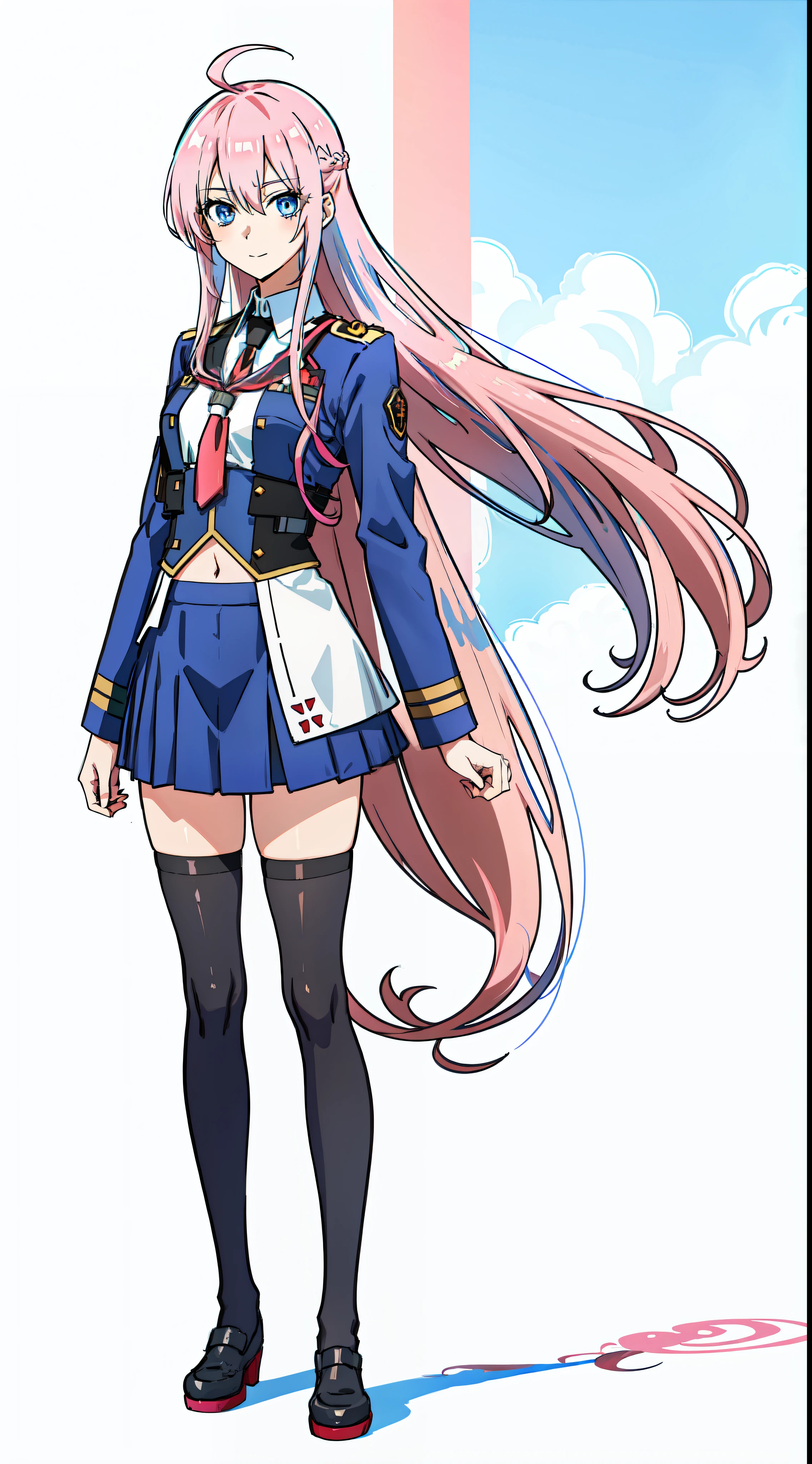 shikimori, slim legs, navel, short skirt, standing, beautiful eyes, blue eyes, happy, soldier uniform, pink hair, long hair, thigh high socks, office, full body