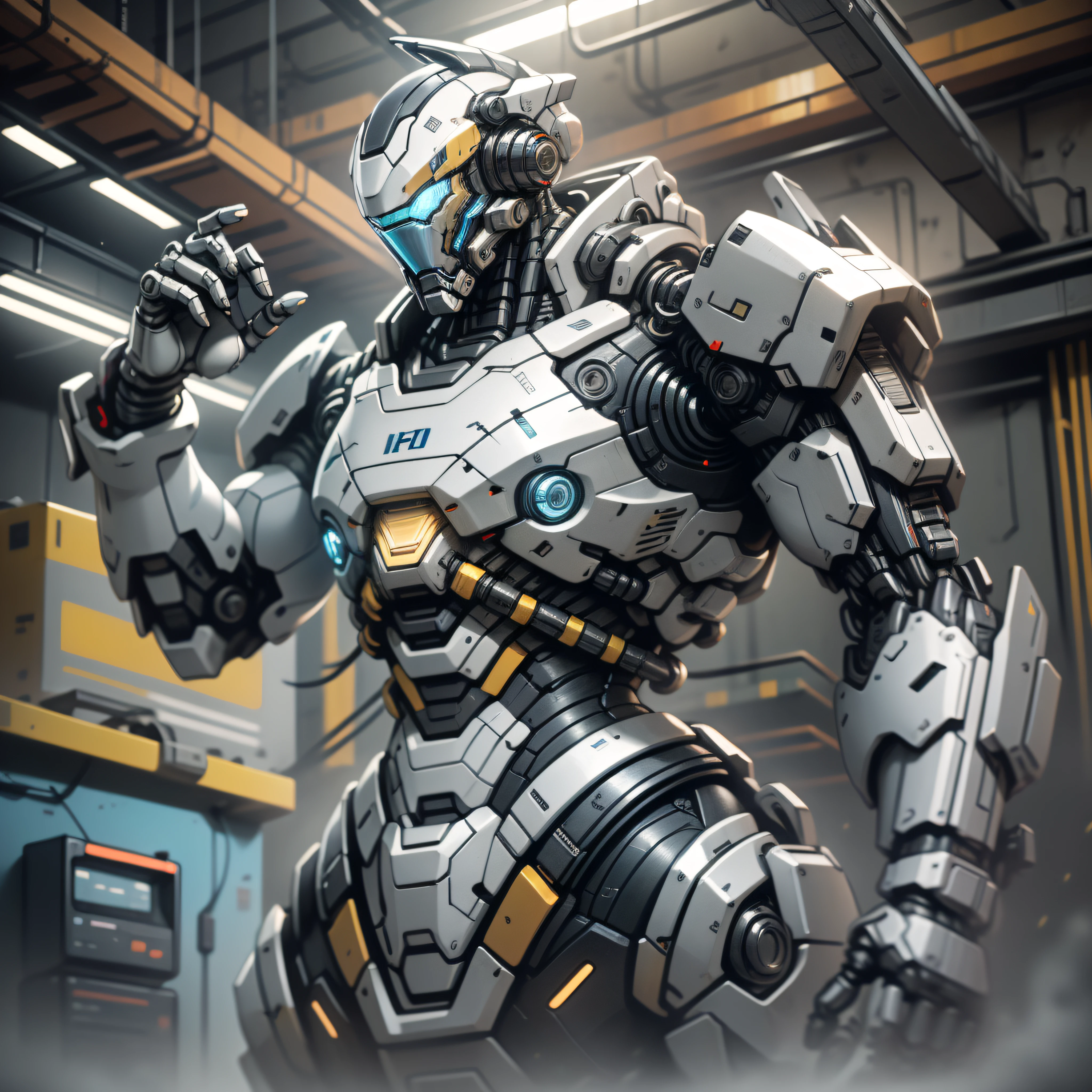 (masterpiece, best quality),  intricate details, photo, realistic, unreal engine, Gray chrome and blue chrome
 Mecha, humanoid robot, robot, robot joints, joints, helmet, armor, robot man, new, cyberpunk warehouse, computer terminals, arcing electricity,  sp3ct4,  dark atmosphere,
