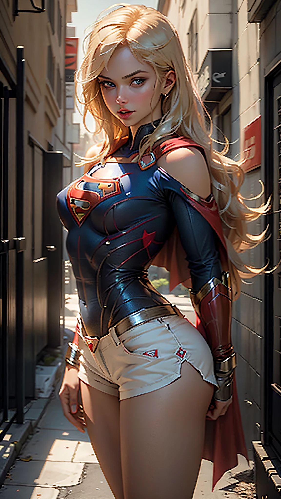 Beautiful Supergirl medium blonde, , Erotic shorts, with superman's S symbol on her chest, Blue eyes.