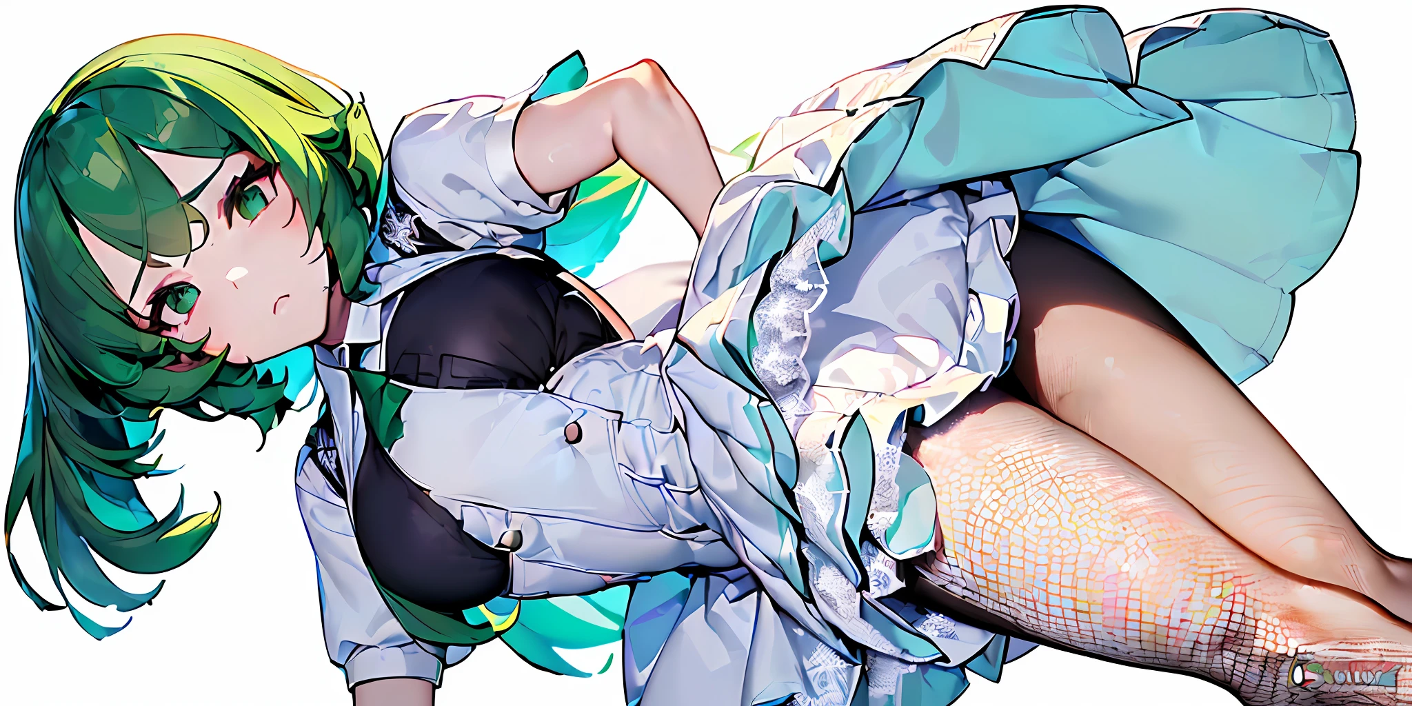 ((((dynamicpose))), ((Masterpiece)), (((Best Quality)), illustartion, A lively girl in a Soviet school uniform, white apron, lace, fishnet pantyhose, Tomboy green hair short, 5. Display symbols on a white background for easy presentation, Detailed view of the face (Simple background, whitebackground: 1.3), Polygonal