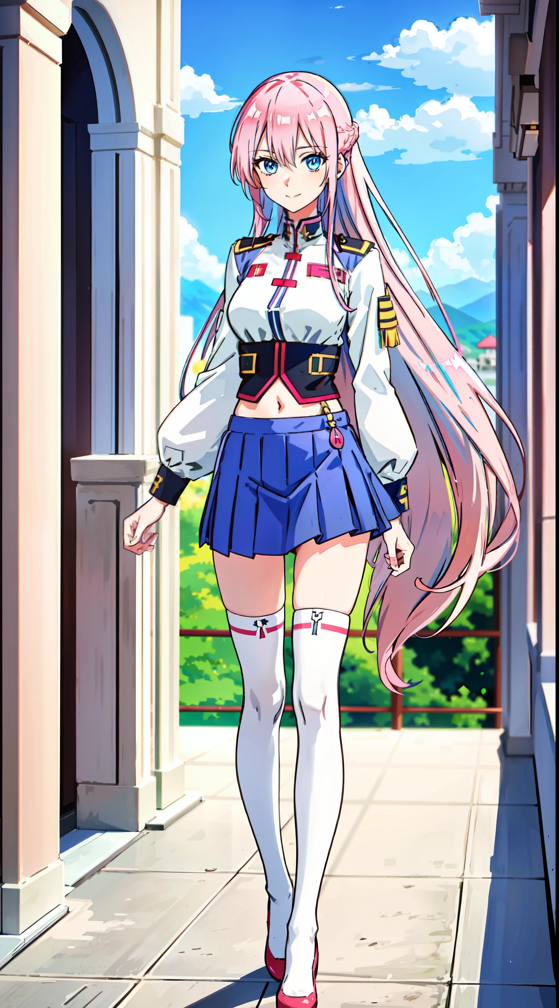 shikimori, slim legs, navel, short skirt, standing, beautiful eyes, blue eyes, happy, soldier uniform, pink hair, long hair, thigh high socks, balcony, full body,