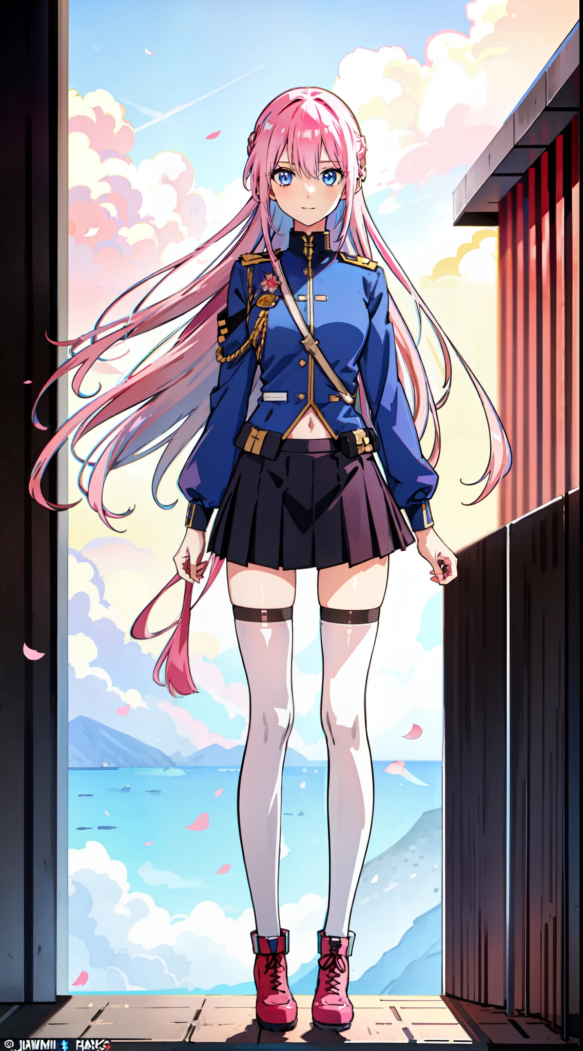 shikimori, slim legs, navel, short skirt, standing, beautiful eyes, blue eyes, happy, soldier uniform, pink hair, long hair, thigh high socks, balcony, full body,