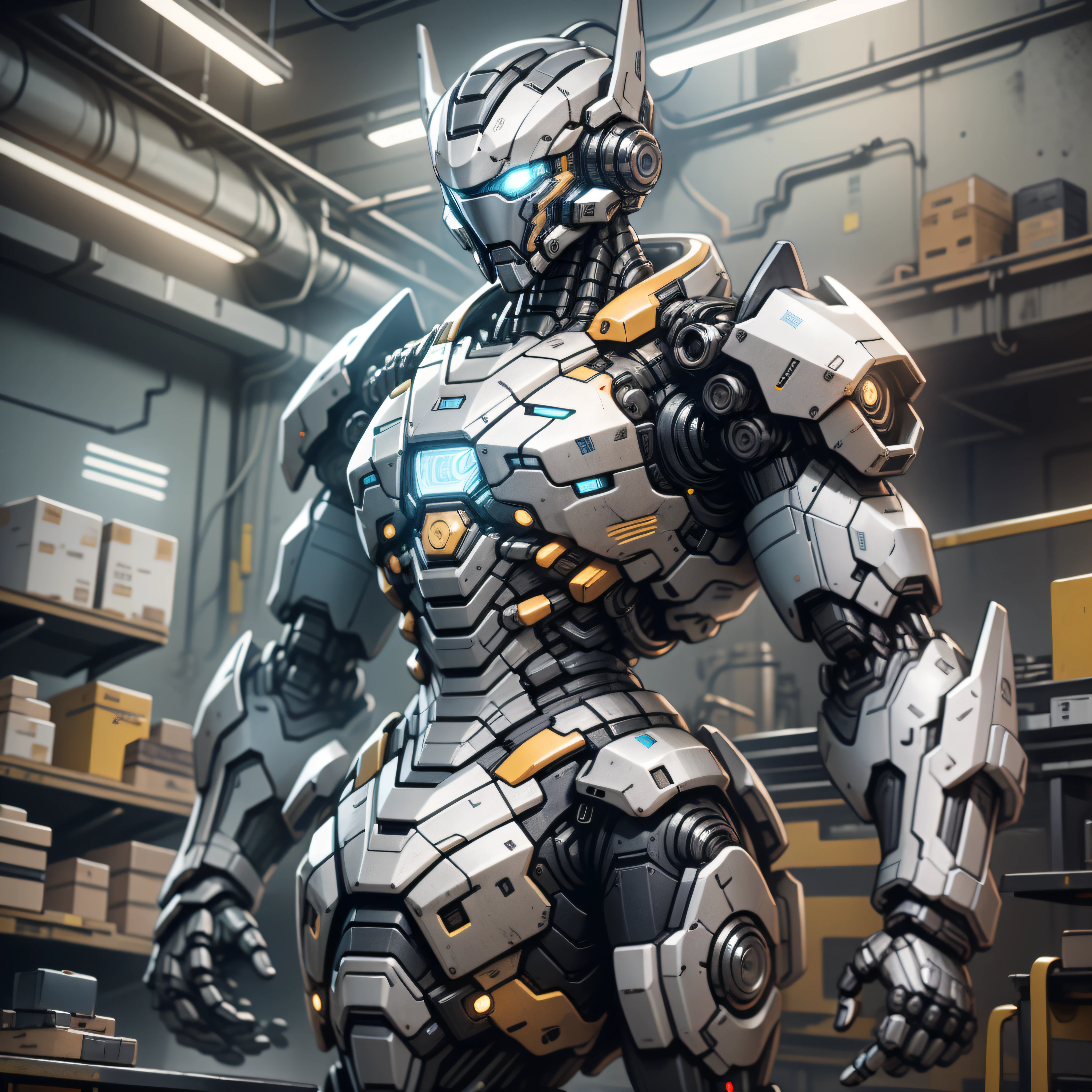 (masterpiece, best quality),  intricate details, photo, realistic, unreal engine, Gray chrome and blue chrome
 Mecha, humanoid robot, robot, robot joints, joints, helmet, armor, robot man, new, cyberpunk warehouse, computer terminals, arcing electricity,  sp3ct4,  dark atmosphere,