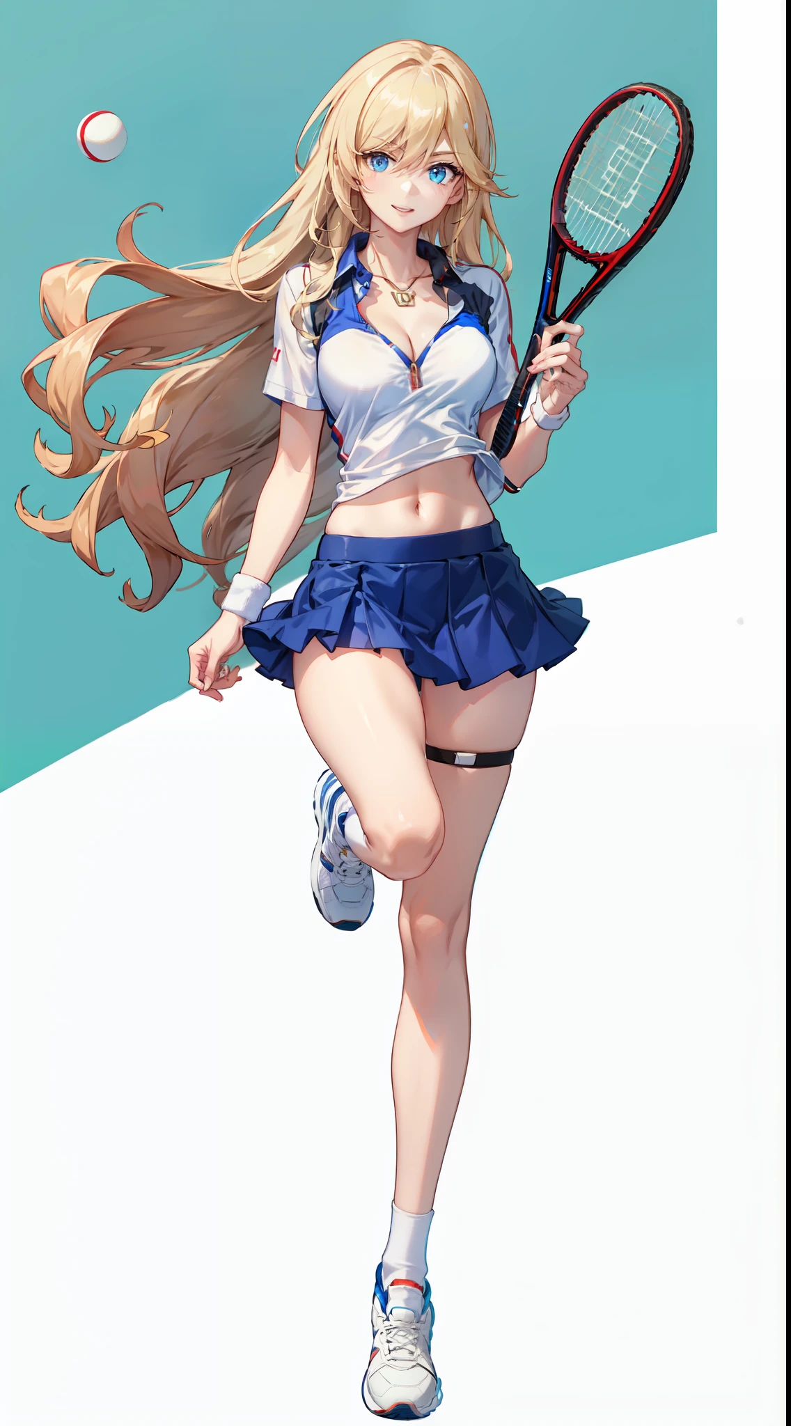 slim legs, happy, cleavage, short skirt, navel, blue eyes, tennis player, thigh high socks, stand, blonde hair, long hair, short skirt
