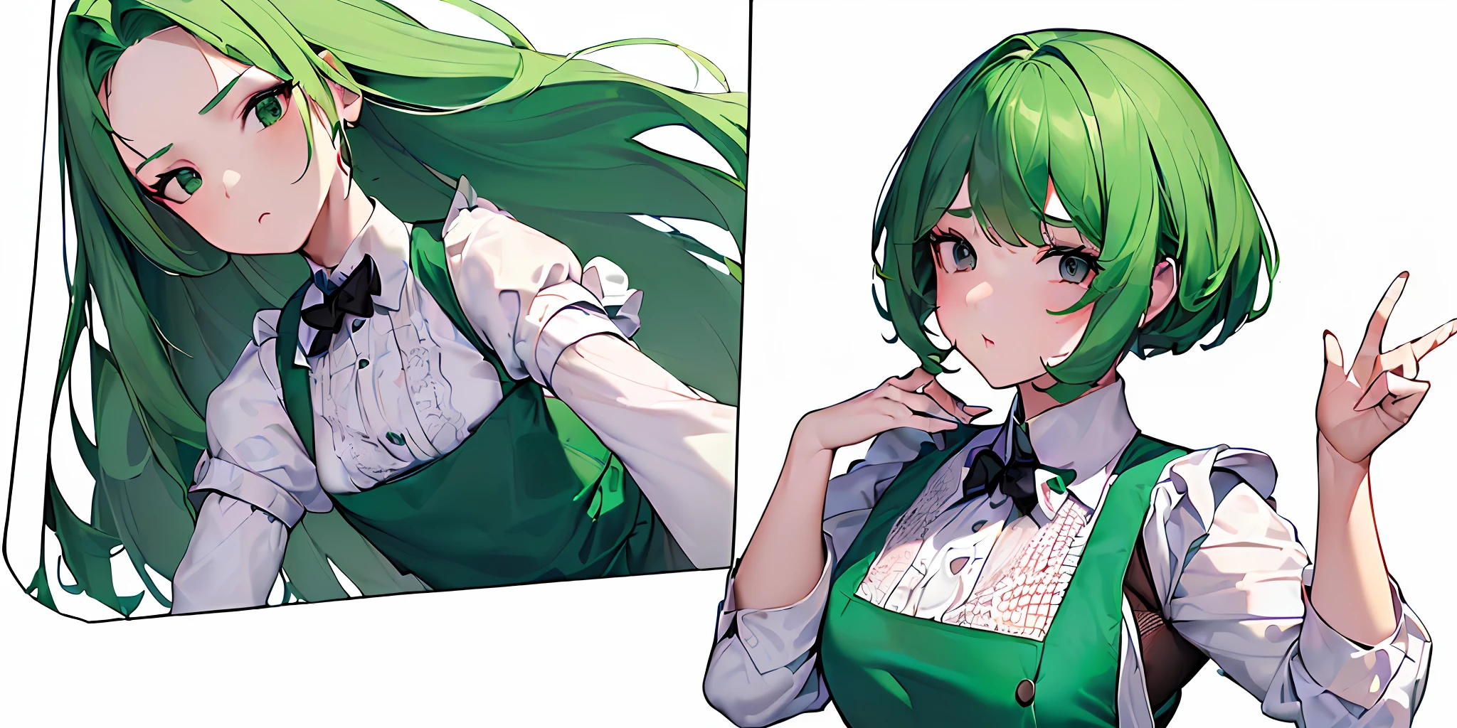 ((((dynamicpose))), ((Masterpiece)), (((Best Quality)), illustartion, A lively girl in a Soviet school uniform, white apron, lace, fishnet pantyhose, Tomboy green hair short, 5. Display symbols on a white background for easy presentation, Detailed view of the face (Simple background, whitebackground: 1.3), Polygonal