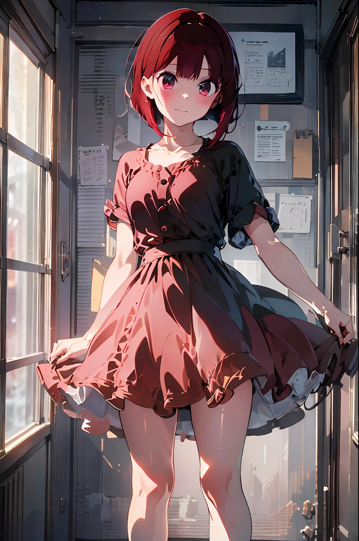 ((Night, Realistic Light, Best Quality, 8K, Masterpiece: 1.3)), Full Body, Petite If Girl, Slender Beauty: 1.4, Stand Abs: 1.1, (Red Hair, Red Big Eyes, Short Hair, Big: 1.2), Moist Silk Dress: 1.2, Bathroom, Super Slender Face, Full Eye Detail, Double Eyelids). {{Masterpiece}}, {{Best Quality}}}}, {{Super Detail}}, {{Illustration}}, {{Disheveled Hair}}, {{Masterpiece}}, {Highest Quality}, {{Super Detail}, {{{Illustration}, Beautiful scenes, clear facial features, hyperrealistic, octane rendering, UE5, high detail, hyper quality, high resolution, art station trend, Hyperrealism, Surrealism, HD, 16K, Telephoto Lens, Medium Close-Up, Split Lighting,