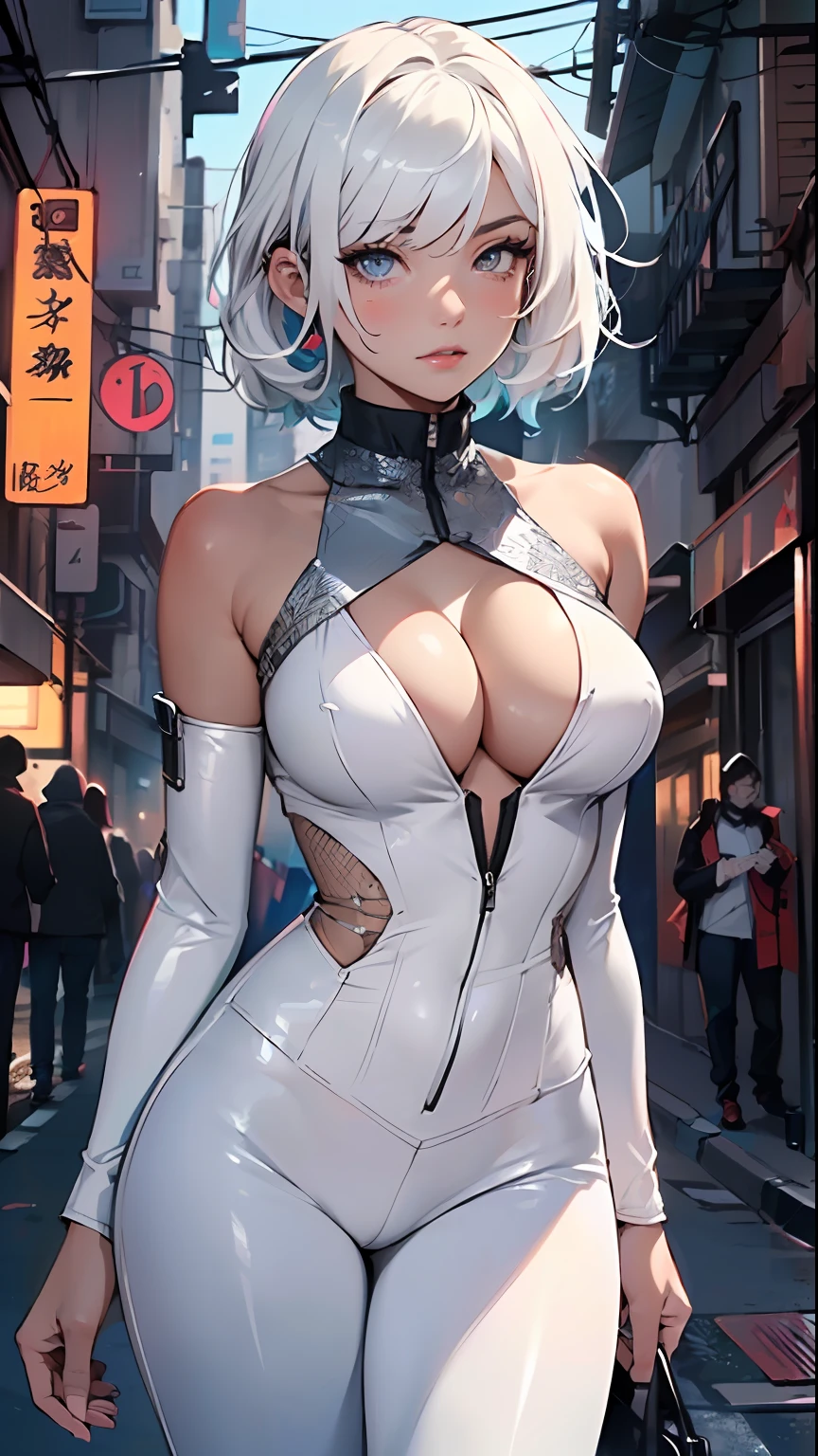 cute albino girl,(((1girl))),((anime albino girl with extremely cute and beautiful white hair walking seductively down the street)),
(small breasts:1.4),(((white hair:1.35,colored inner hair,ear breathing,small hair, tomboy haircut))),((heterochromia, eye1 white, eye2 aqua, perfect eyes, upturned eyes:1.3, beautiful detailed eyes, finely detailed beautiful eyes:1, big highlight on eyes:1.2, slanted eyes)), ((fat)),(((pale skin, lustrous skin:1.5,bright skin: 1.5,skin tanned,shiny skin,very shiny skin,shiny body,plastic glitter skin,exaggerated shiny skin))),(spider lower abdomen,narrow waist,wide hip,athletic body,inflated legs,delicate detailed fingers,detailed body,detailed arms,human hands, detailed hands),
cute,slutty,seductive,erotic,nsfw,
(((wearing white formal blazer,white pants,))), (((huge cleavage))), (detailed outfit,detailed clothes),
(dynamic pose:1.0), solo focus, embarrassed, centered, scale to fit dimensions, Rule of thirds,
outdoors, ((night view)), (cyberpunk night street Background: 1.5,dark sky,alleyway,lonely alley,thick clouds, detailed background:1.25),
(best quality), (high resolution), (sharp focus), (ultra detailed), (extremely detailed), (extremely high quality artwork), 8k_wallpaper, (extremely detailed CG 8k),(very fine 8K CG), ((hyper super ultra detailed perfect piece)), flawless, (((masterpiece))), illustration, vibrant colors, (intricate), High contrast, Selective lighting, Double exposure, HDR (High Dynamic Range), Post-processing, Background blur,