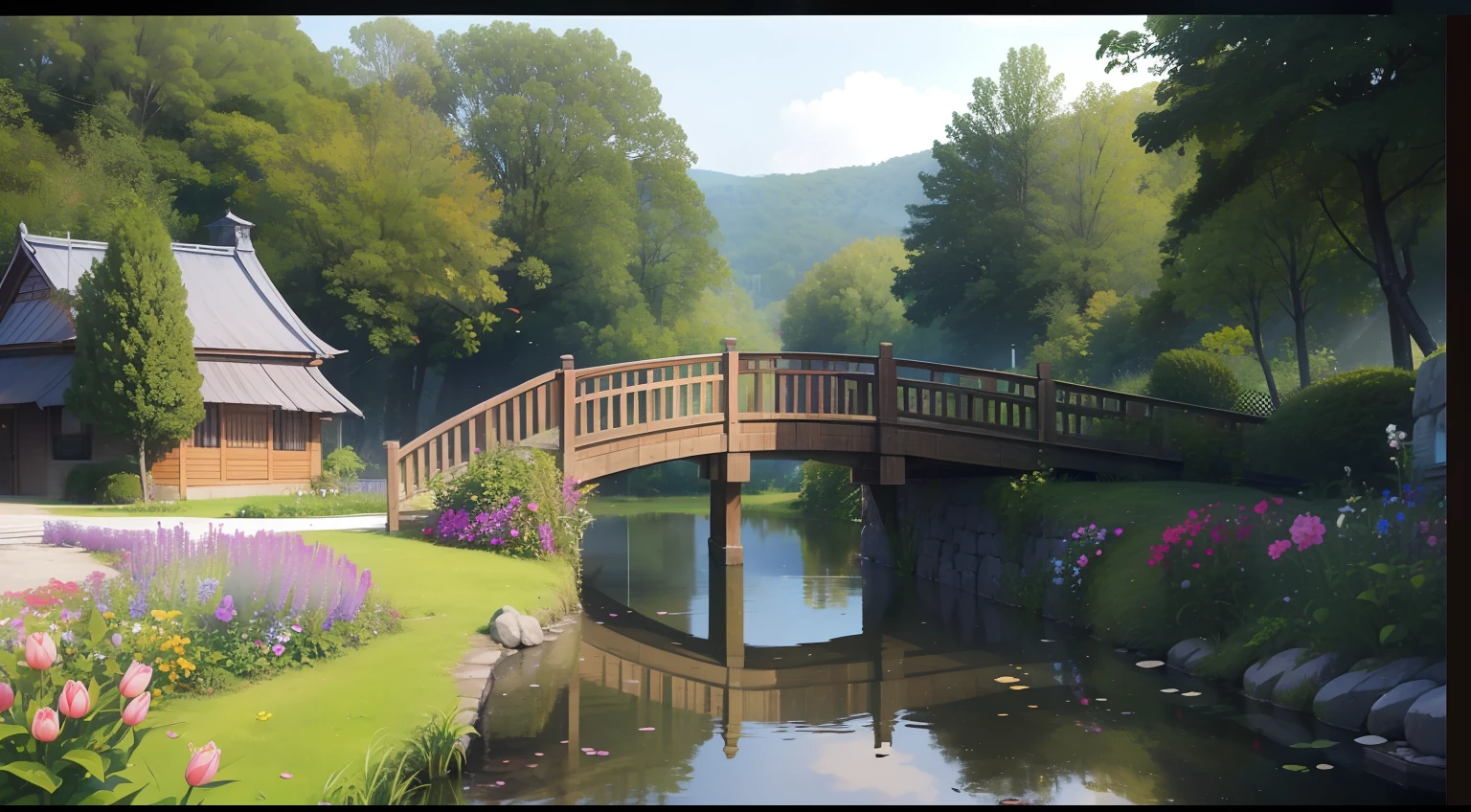 (masterpiece), digital art of a wooden bridge over a small pond in a garden with flowers and plants around it and a house in the background, Choi Buk, ( colorful ), a tilt shift photo, ecological art, advntr , Negative prompt: bad-picture-chill-75v, bad_pictures, bad_prompt_version2-neg, easynegative_2, negative_hand-neg, ng_deepnegative_v1_64t
Steps: 20, Sampler: DPM++ 2M Karras, CFG scale: 7, Seed: 4138920480, Size: 3968x2176, Model hash: 4199bcdd14, Model: revAnimated_v122,