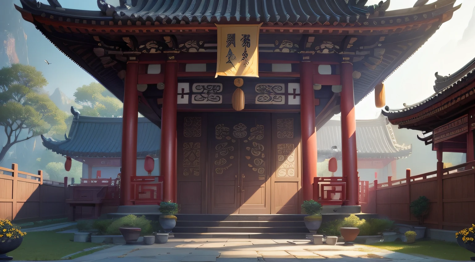 A Chinese temple with a very flowery garden, ((na frente deste templo encontra-se um gongo)). Background of a sunny day with birds. super high res, 16k, super detalhe, preciso, melhor qualidade, cinematic lighthing, Aplicativo de sombra, digital illustation, oil-painting, obra prima. Pay meticulous attention to stunning details and reach 64K resolution for an immersive visual experience.