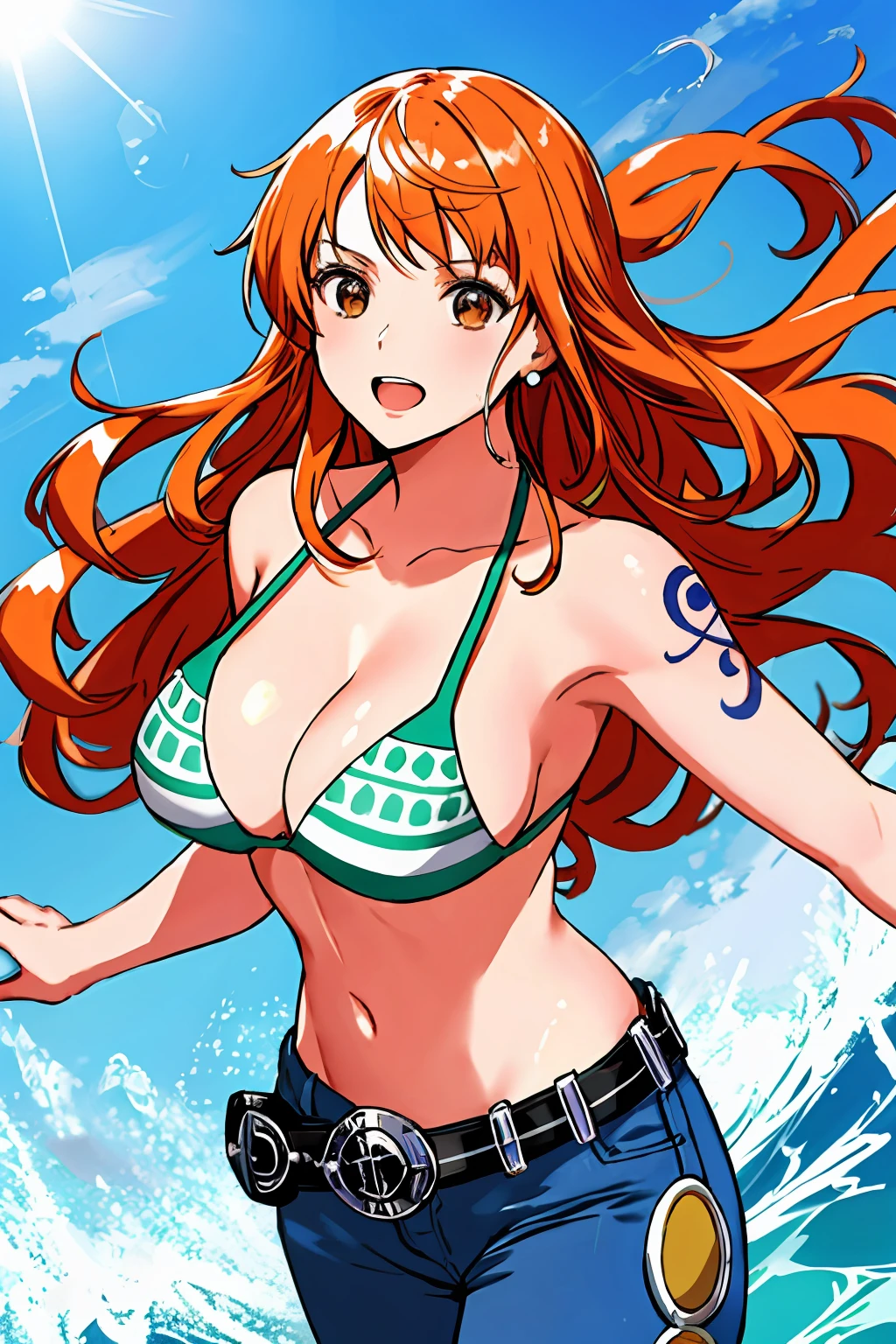 detailed background, masterpiece, 4k, best quality, late youth, adult, wrestler body, 1girl, active, energic, uppercut, (large mouth) , solo, nami \(one piece\), 1girl, bangle, (very wet, drenched in sweat, sweat all over body, very wet hair, tired, taking breath, open mouth), perfect detailed face, bold drawing lines, muscular arms, detailed bold arm lines, flat jaw, adult woman, wavy wide streaked bangs, floating bang streaks, (big cheeks), bare shoulders, off-shoulders, belt, bikini, bikini top only, blue sky, bracelet, springy breasts, breast lines, big round eyes, plain big brown shiny eyes, bubbles, high eye position, cleavage, cloud, day, denim, earrings, floating hair, shiny hair, green belt, green bikini, bold groin lines, jeans, jewelry, medium breasts, log pose, long hair, looking at viewer, navel, wet hair, orange hair, pants, shoulder tattoo, sidelocks, sky, solo, standing, stomach, swimsuit, tattoo , looking at viewer, open mouth, detailed left arm, big forehead, hourglass figure, small head, toned body, wide hair, wind effect, sun effect, under the sun, narrow small ears angle, older, random poses,
