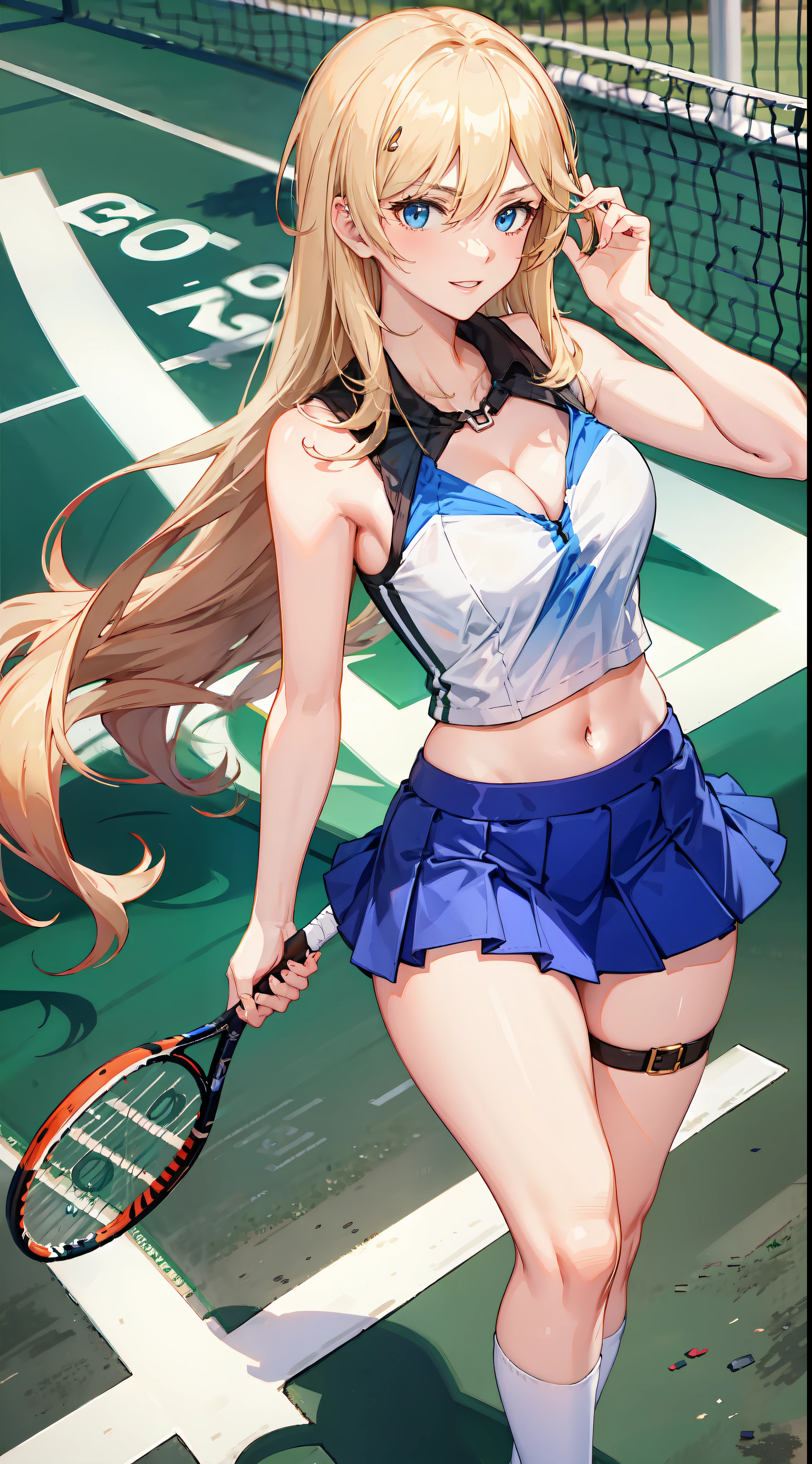 slim legs, happy, cleavage, short skirt, navel, blue eyes, tennis player, thigh high socks, stand, blonde hair, long hair, short skirt