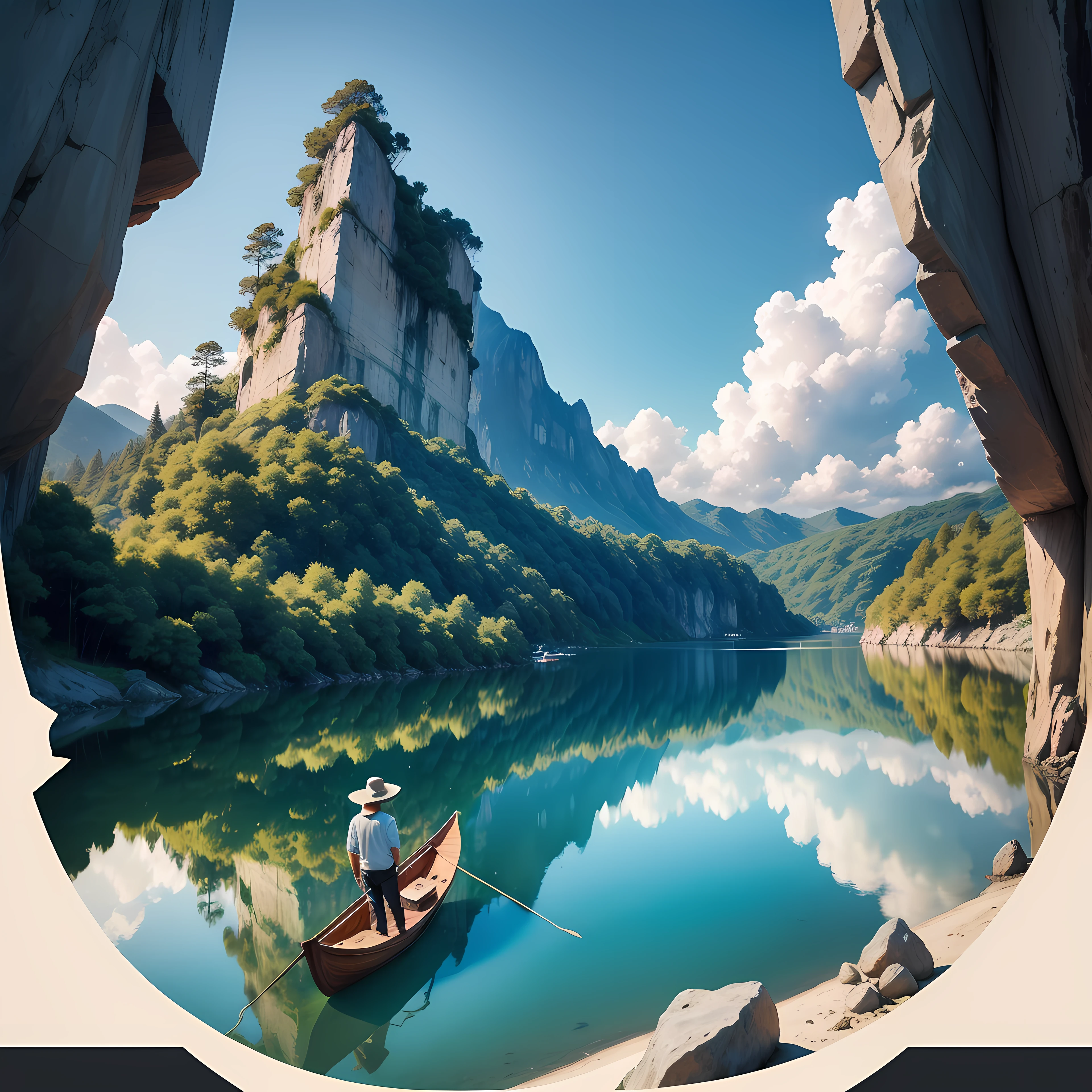 Um homem pescando com uma canoa, anime, lago calmo, ao fundo castelo chines, alta resolução, obra-prima, melhor qualidade, movie poster