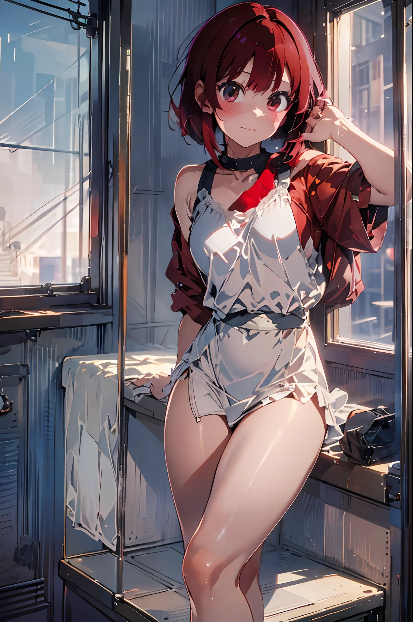 ((Night, Realistic Light, Best Quality, 8K, Masterpiece: 1.3)), Full Body, Petite If Girl, Slender Beauty: 1.4, Stand Abs: 1.1, (Red Hair, Red Big Eyes, Short Hair, Big: 1.2), Moist Silk Dress: 1.2, Bathroom, Super Slender Face, Full Eye Detail, Double Eyelids). {{Masterpiece}}, {{Best Quality}}}}, {{Super Detail}}, {{Illustration}}, {{Disheveled Hair}}, {{Masterpiece}}, {Highest Quality}, {{Super Detail}, {{{Illustration}, Beautiful scenes, clear facial features, hyperrealistic, octane rendering, UE5, high detail, hyper quality, high resolution, art station trend, Hyperrealism, Surrealism, HD, 16K, Telephoto Lens, Medium Close-Up, Split Lighting,