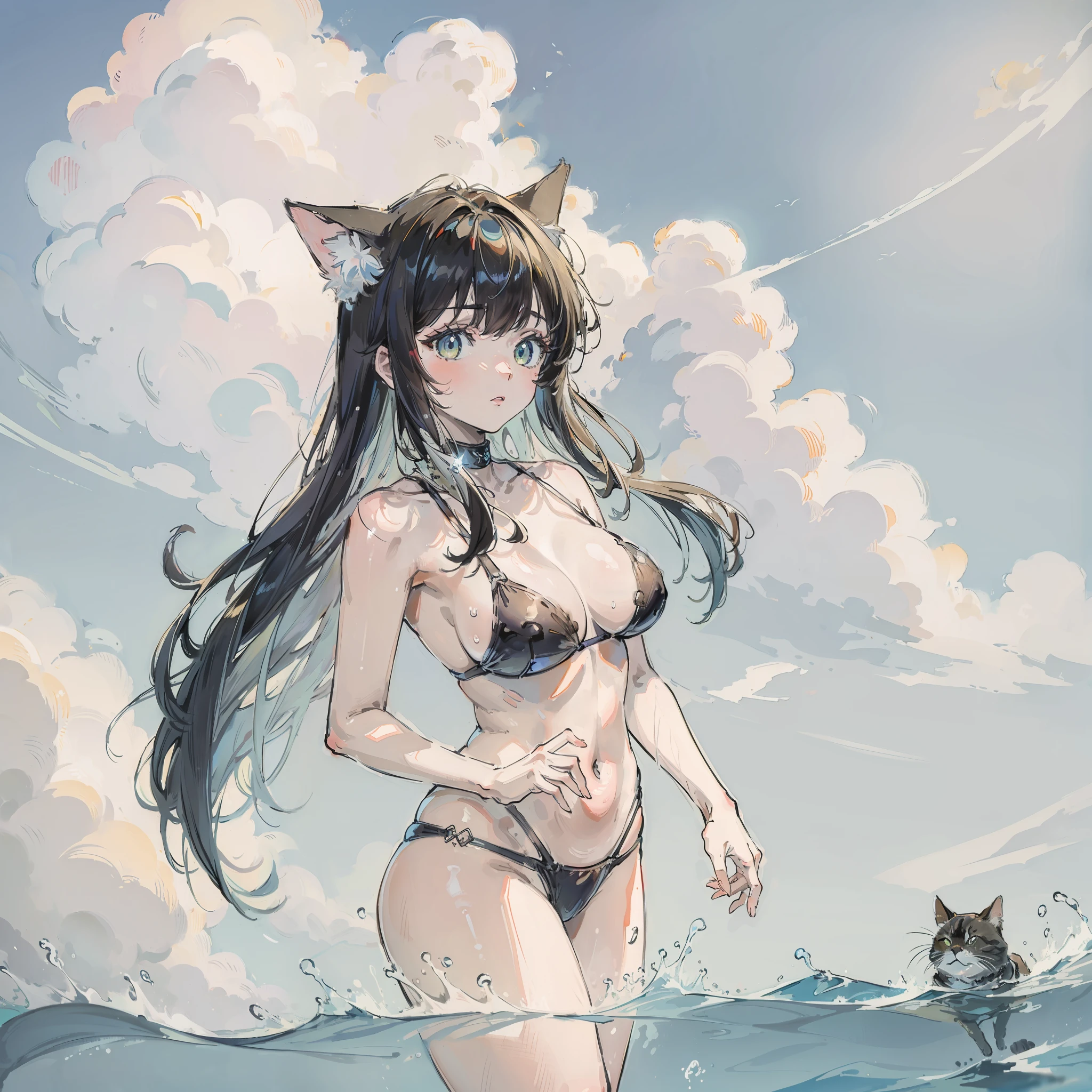 top-quality、masterpiece、Take the cat、swim wears、Colossal tits、3 people