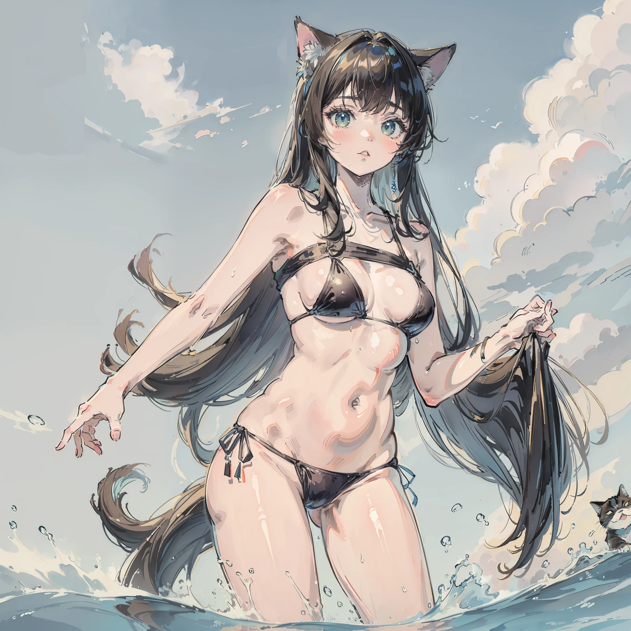 top-quality、masterpiece、Take the cat、swim wears、Colossal tits、3 people