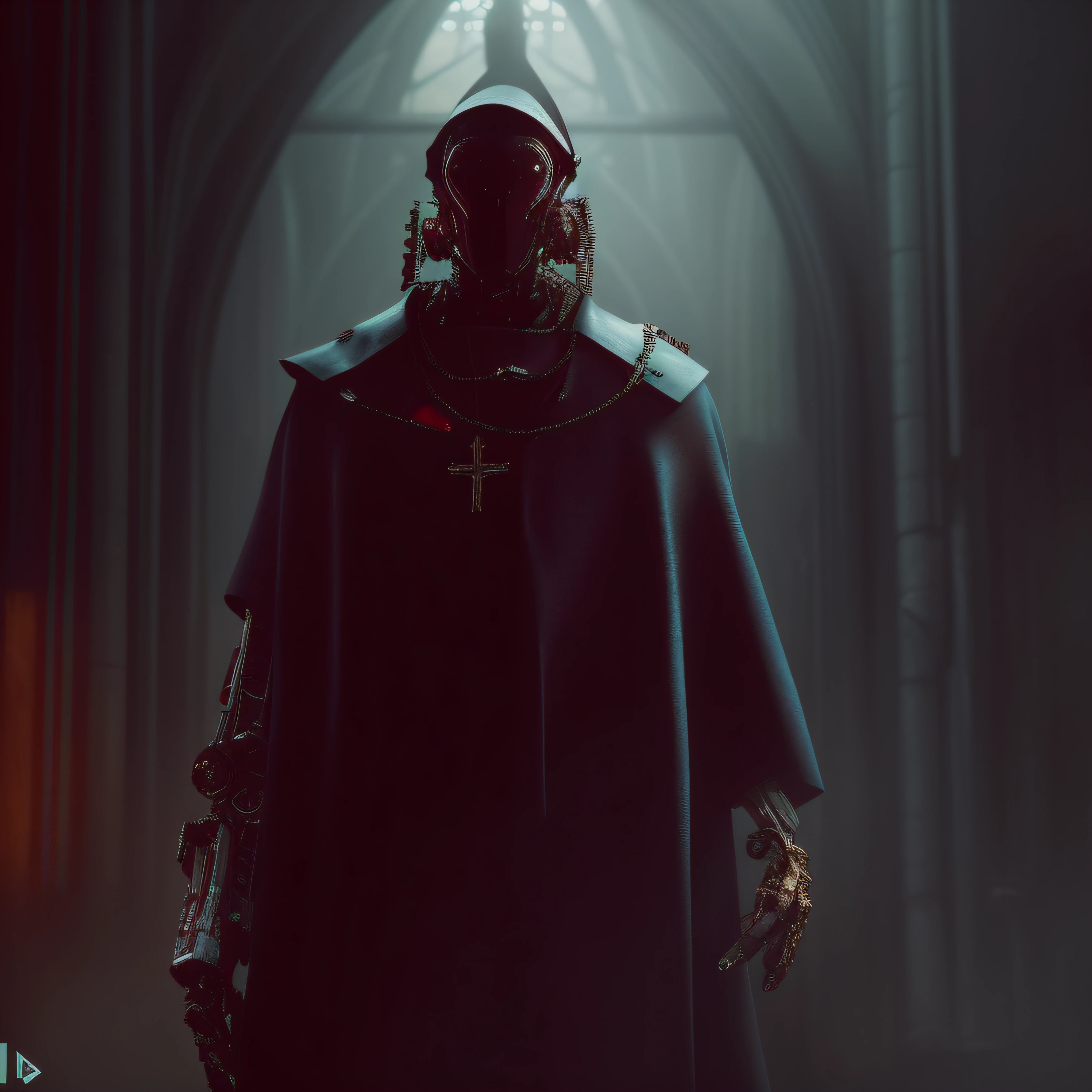 Image of a macabre robot wearing a rustic old cassock with a crucifix hanging inside a dark Gothic church, Cyberpunk ortodoxo, gothic - cyberpunk, Inside a dystopian Gothic, desonrado inspirado, arte conceitual escura fotorrealista, estilo desonrado, Inspirado Sci Vitoriano - Fi, robot bishop guards, cyberpunk sombrio, steel inquisitor from mistborn, Wojtek FUS, cyberpunk fantasia sombria, Catedral Cyberpunk