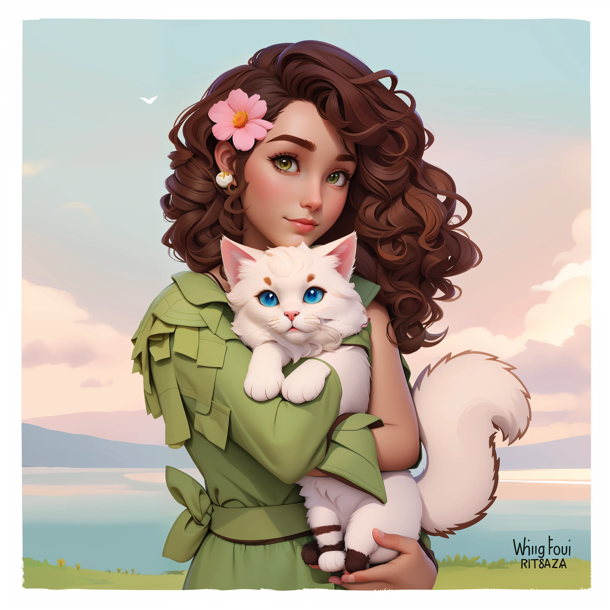There is a woman holding a cat in her arms, bochechas grandes segurando seu gato, Retrato de personagem peludo, full-colour illustration, gatinha jovem bonita, color digital illustration, in illustration style digital, she is holding a cat in her arms, stylized digital illustration, in cartoon style, No estilo de arte Bowater, Retrato estilizado
