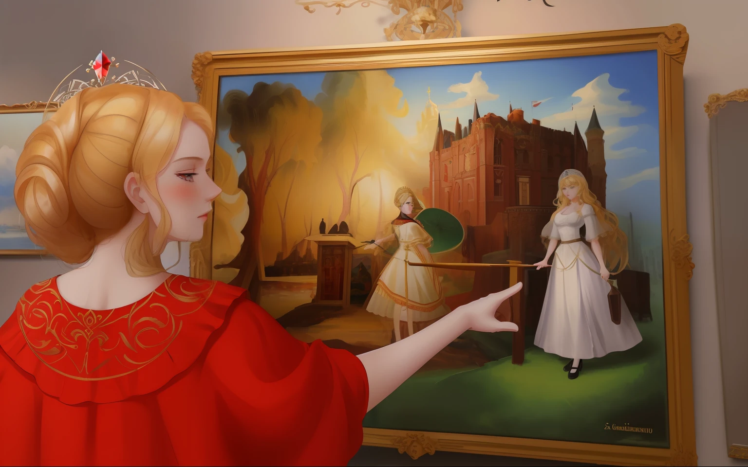 A blonde woman in a red dress points to a painting depicting a castle, based on Boris Kustodiev, based on Olga Rozanova, yelena belova, hrushevka on background, inspired by Remedios Varo, inspired by Apollinary Vasnetsov, based on Vladimir Kush, As a painting, Epic Surrealism 8k Oil Painting