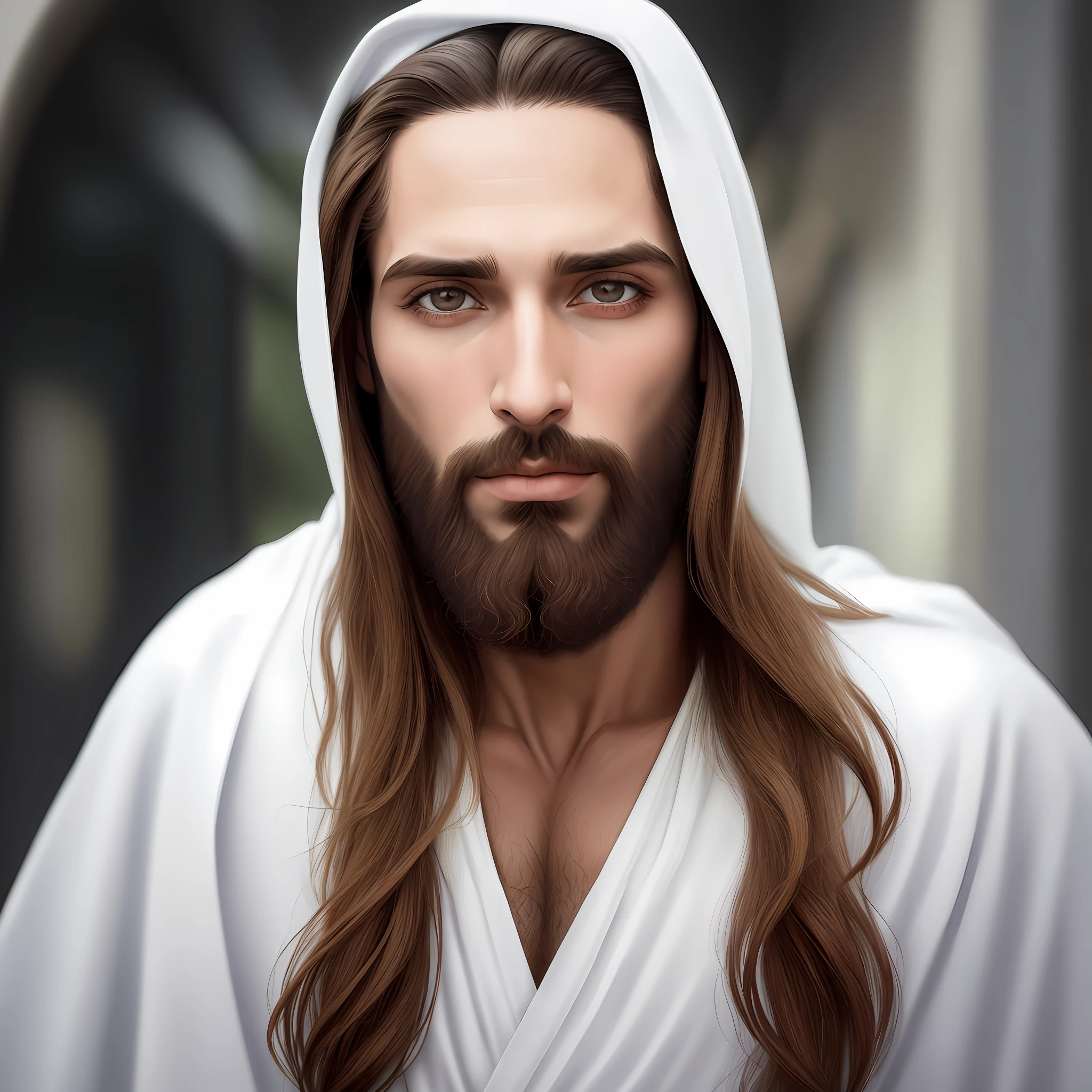 Homem com cabelos longos e barba vestindo um manto branco manga longa com gola redonda , Retrato de Jesus Cristo, Jesus Cristo, bonito impressionante realista, rosto de jesus, jesus of nazareth, pintura digital realista, Vestido como Jesus Cristo, Jesus Cristo em Mass Effect, pintura digital ultra realista, by Hristofor Žefarović, rosto masculino bonito, rosto realista detalhado, beautiful man