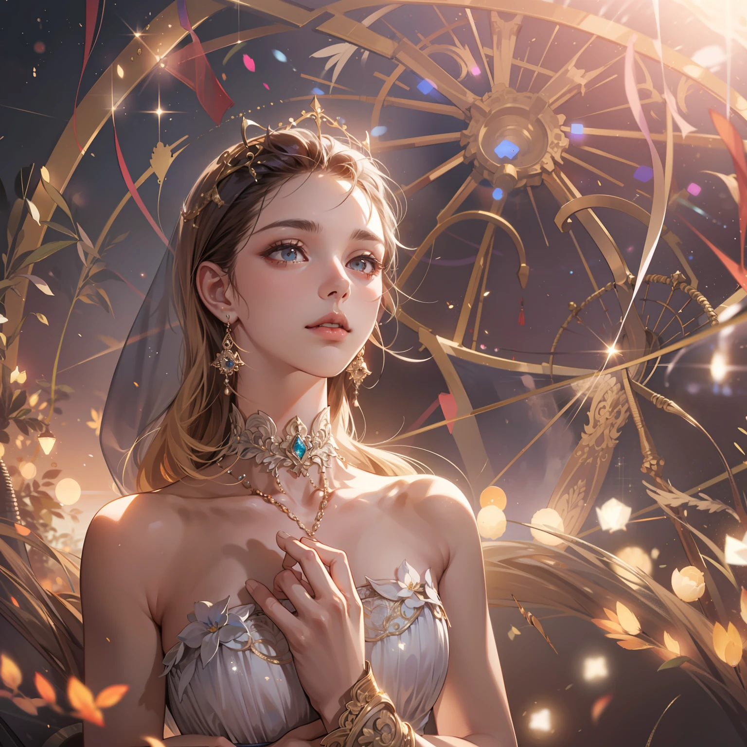 21-year-old girl, small breasts, beautiful breasts, highly detailed skin, HD, goosebumps, visible pores, intricate, masterpiece, highest quality, very intrincate lencery, diamonds, jewelry, halo, veils, shiny particles in air, lensflare