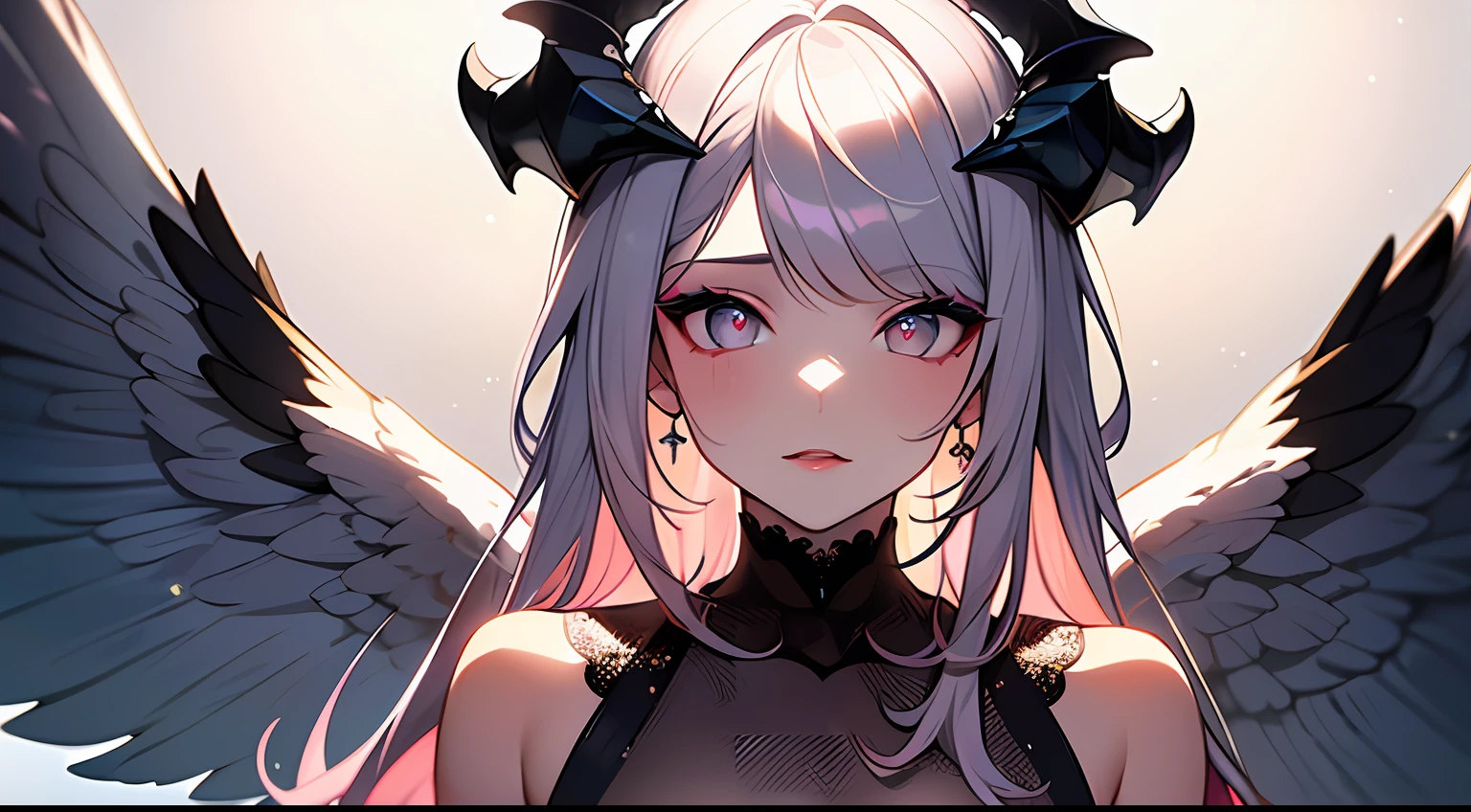 (Masterpiece:1.2), best quality, (illustration:1.2), (ultra-detailed),Eye focus,(Masterfully crafted Glow, pink lens flare), (Cinematic background), hyper details, (delicate detailed), (intricate details),in the air, octane render, hdr, (hyperdetailed:1.15), (soft light:1.2), 1girl, beautiful girl, ultra detailed eyes, mature, plump, thick, rainbow painting drops, paint teardrops, woman made up from paint, entirely paint, splat, splash, outdoors, (bioluminescent hair:1.1),(glowing eyes), ((makeup)),(Cinematic masterpiece), fierce, powerful, splashes of colour absolutely eye-catching, (Cinematic headlight), light coming from above, growing shadows, ((caustic)), dynamic angle, beautiful detailed glow, ambient occlusion, ambient light, raytraced reflections,(best illumination, an extremely delicate and beautiful), ((cinematic light)), (soft:2), (Nephilim:1.2), (halo), demon horns,(1 angel wing),1 demon wing, wings on back, half demon, demon ears, black wings, raven wings, (falling raven feathers), black hair, grey eyes, (red hair glow), (radiant aura),