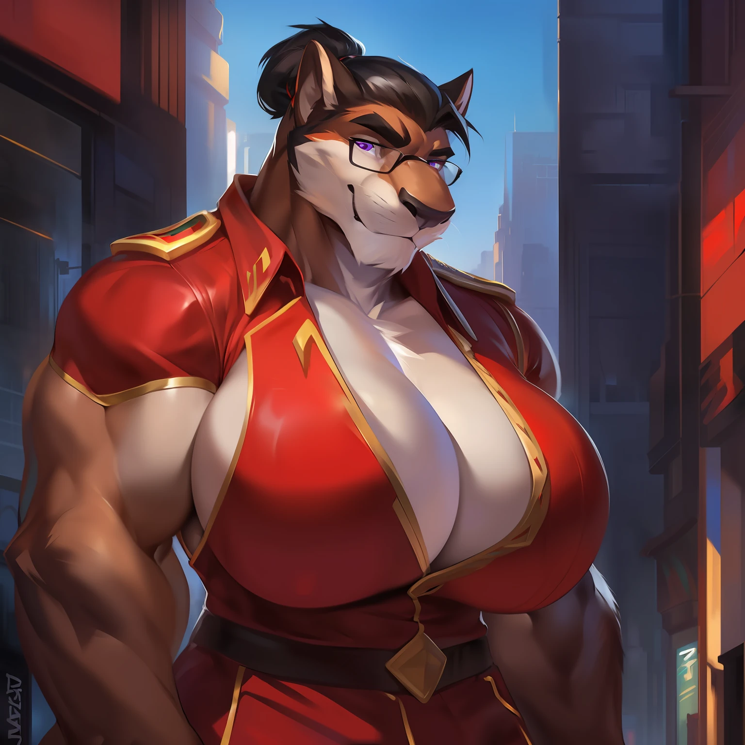 Solo, female, standing, red military uniform, (((muscular, tall, giant, buff, biceps, gigantic, massive, enormous, huge, big breasts))), by chunie, by darkgem, by mystikfox61, by danza, black panther, purple eyes, black hair, hair bun, glasses, city