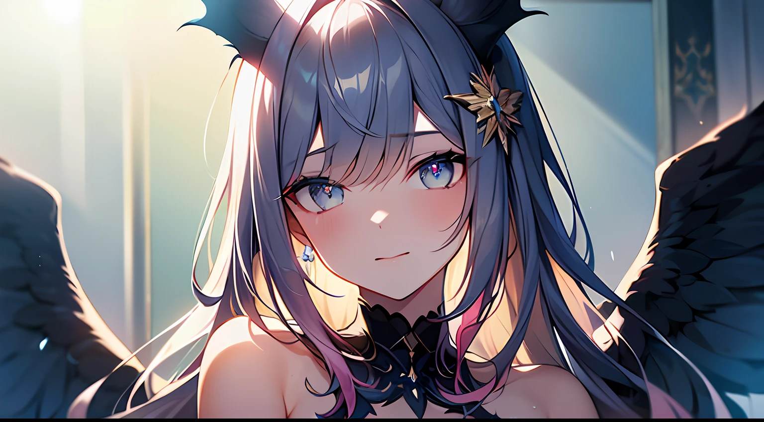 (Masterpiece:1.2), best quality, (illustration:1.2), (ultra-detailed),Eye focus,(Masterfully crafted Glow, pink lens flare), (Cinematic background), hyper details, (delicate detailed), (intricate details),in the air, octane render, hdr, (hyperdetailed:1.15), (soft light:1.2), 1girl, beautiful girl, ultra detailed eyes, mature, plump, thick, rainbow painting drops, paint teardrops, woman made up from paint, entirely paint, splat, splash, outdoors, (bioluminescent hair:1.1),(glowing eyes), ((makeup)),(Cinematic masterpiece), fierce, powerful, splashes of colour absolutely eye-catching, (Cinematic headlight), light coming from above, growing shadows, ((caustic)), dynamic angle, beautiful detailed glow, ambient occlusion, ambient light, raytraced reflections,(best illumination, an extremely delicate and beautiful), ((cinematic light)), (soft:2), (Nephilim:1.2), (halo), demon horns,(1 angel wing),1 demon wing, wings on back, half demon, demon ears, black wings, raven wings, (falling raven feathers), black hair, grey eyes, (red hair glow), (radiant aura),