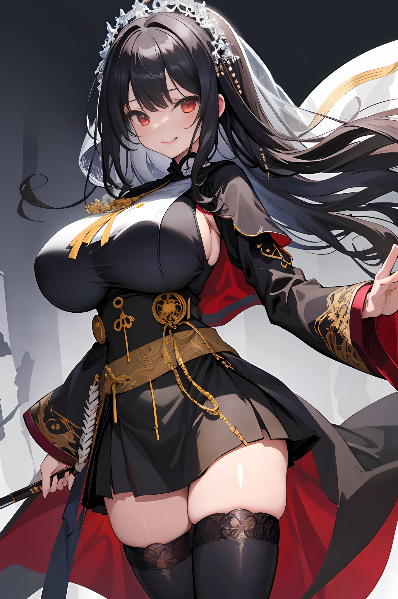 ​masterpiece, top-quality, high_resolution, fine detailed, highly detailed and beautiful, Distinct_image, 1 rapariga, 独奏, , A dark-haired, red eyes, (huge-breasted), (tits out),(Sister Costumes),(veils), chies,Monastic uniforms,long slit,(thighhigh),bocchi,tongue