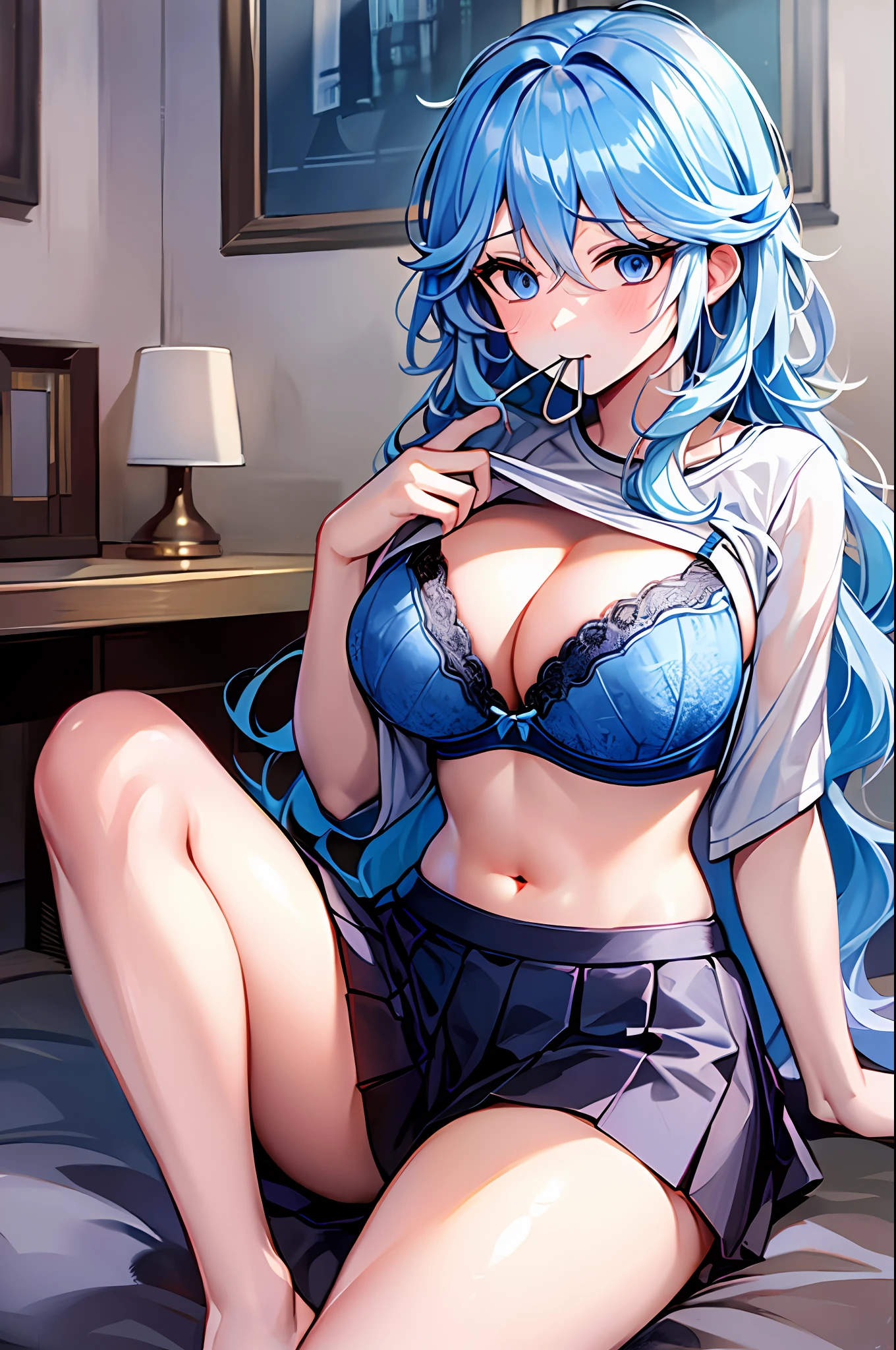 1focalors, blue sea hair, long hair, large breasts,clothes in mouth, cleavage, navel, t-shirt, ((bra)),clothes lift, shirt in mouth, skirt, lying, full Body, sexy body, sitting