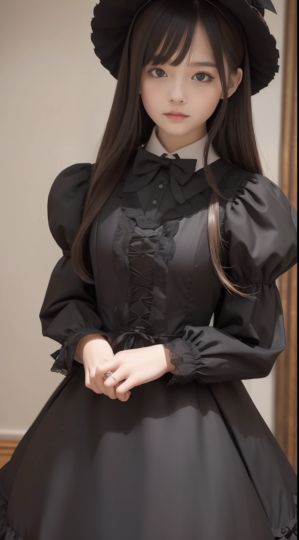 best qualtiy、​masterpiece、extremely delicate and beautiful、A highly detailed、Close up portrait of a woman wearing a bow tie with a dress, school girl in gothic dress, , witch clothing, very, Dress,cute little, black gothic lolita dress, Lolita style、full-shot
