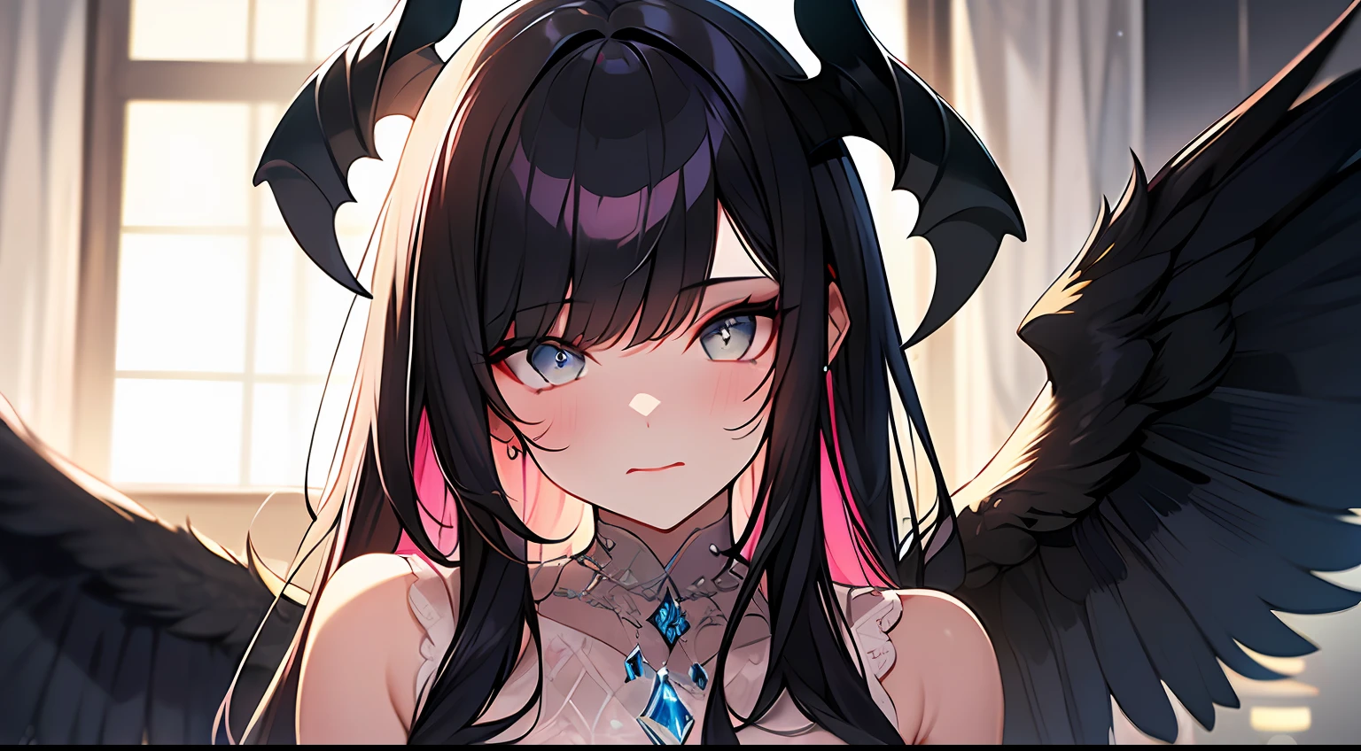 (Masterpiece:1.2), best quality, (illustration:1.2), (ultra-detailed),Eye focus,(Masterfully crafted Glow, pink lens flare), (Cinematic background), hyper details, (delicate detailed), (intricate details),in the air, octane render, hdr, (hyperdetailed:1.15), (soft light:1.2), 1girl, beautiful girl, ultra detailed eyes, mature, plump, thick, rainbow painting drops, paint teardrops, woman made up from paint, entirely paint, splat, splash, outdoors, (bioluminescent hair:1.1),(glowing eyes), ((makeup)),(Cinematic masterpiece), fierce, powerful, splashes of colour absolutely eye-catching, (Cinematic headlight), light coming from above, growing shadows, ((caustic)), dynamic angle, beautiful detailed glow, ambient occlusion, ambient light, raytraced reflections,(best illumination, an extremely delicate and beautiful), ((cinematic light)), (soft:2), (Nephilim:1.2), (halo), demon horns,(1 angel wing),1 demon wing, wings on back, half demon, demon ears, black wings, raven wings, (falling raven feathers), black hair, grey eyes, (red hair glow), (radiant aura),