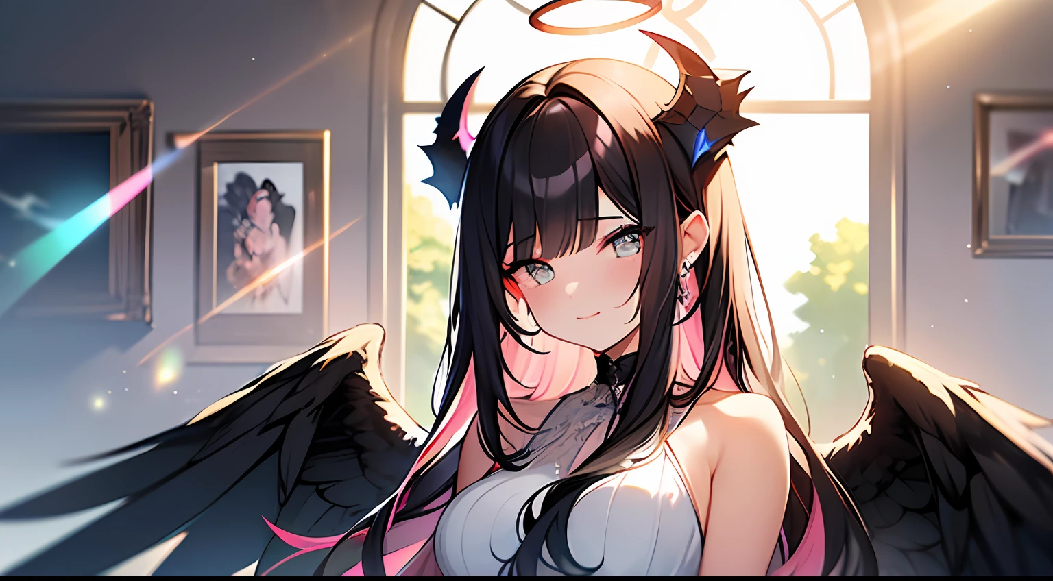 (Masterpiece:1.2), best quality, (illustration:1.2), (ultra-detailed),Eye focus,(Masterfully crafted Glow, pink lens flare), (Cinematic background), hyper details, (delicate detailed), (intricate details),in the air, octane render, hdr, (hyperdetailed:1.15), (soft light:1.2), 1girl, beautiful girl, ultra detailed eyes, mature, plump, thick, rainbow painting drops, paint teardrops, woman made up from paint, entirely paint, splat, splash, outdoors, (bioluminescent hair:1.1),(glowing eyes), ((makeup)),(Cinematic masterpiece), fierce, powerful, splashes of colour absolutely eye-catching, (Cinematic headlight), light coming from above, growing shadows, ((caustic)), dynamic angle, beautiful detailed glow, ambient occlusion, ambient light, raytraced reflections,(best illumination, an extremely delicate and beautiful), ((cinematic light)), (soft:2), (Nephilim:1.2), (halo), demon horns,(1 angel wing),1 demon wing, wings on back, half demon, demon ears, black wings, raven wings, (falling raven feathers), black hair, grey eyes, (red hair glow), (radiant aura),