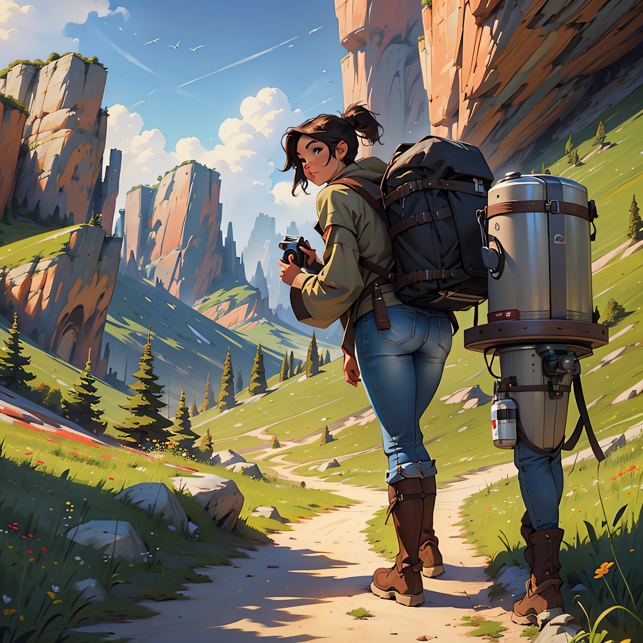A beautiful young adventurer style sleeve of boots style trail with a backpack on her back looking at a beautiful landscapes with a camera in hand taking theme photos in ultra realistic red color 8k