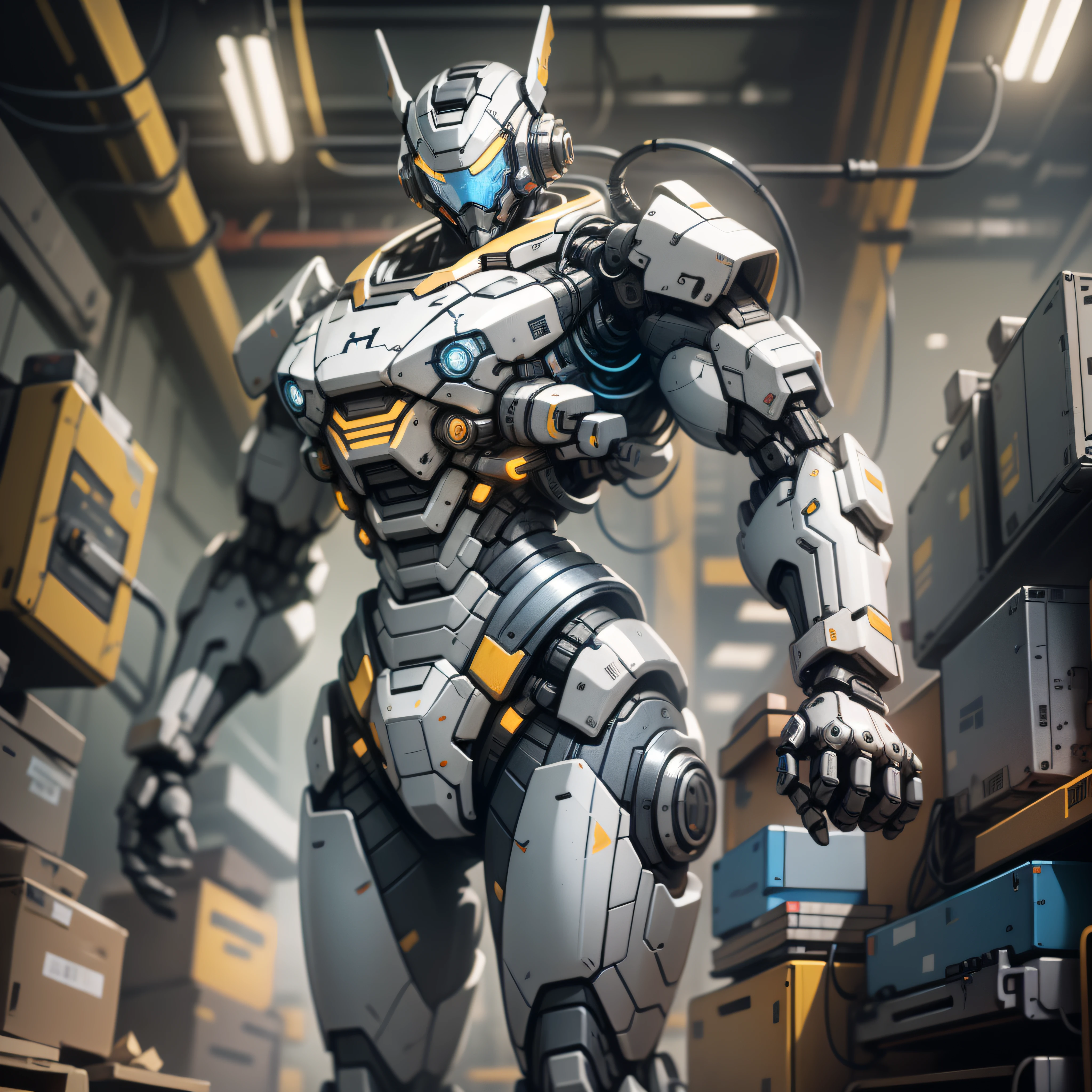 (masterpiece, best quality),  intricate details, photo, realistic, unreal engine, Gray chrome and blue chrome
 Mecha, humanoid robot, robot, robot joints, joints, helmet, armor, robot man, new, cyberpunk warehouse, computer terminals, arcing electricity,  sp3ct4,  dark atmosphere,