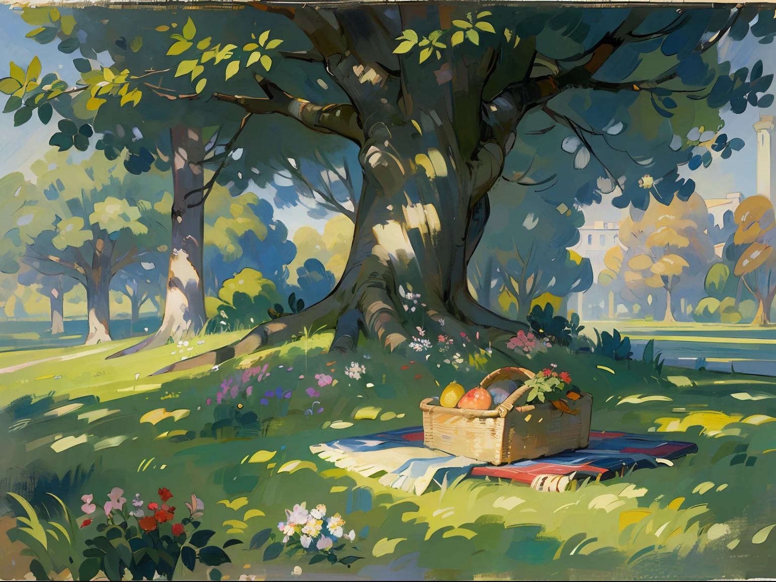 ((a tree)), ((oak)), ((ombre)), ((blanket)), ((picnic basket)), grass, Flowers, estate, palace, columns, ((19th century)), (Renoir), (Monet), (oil painting)