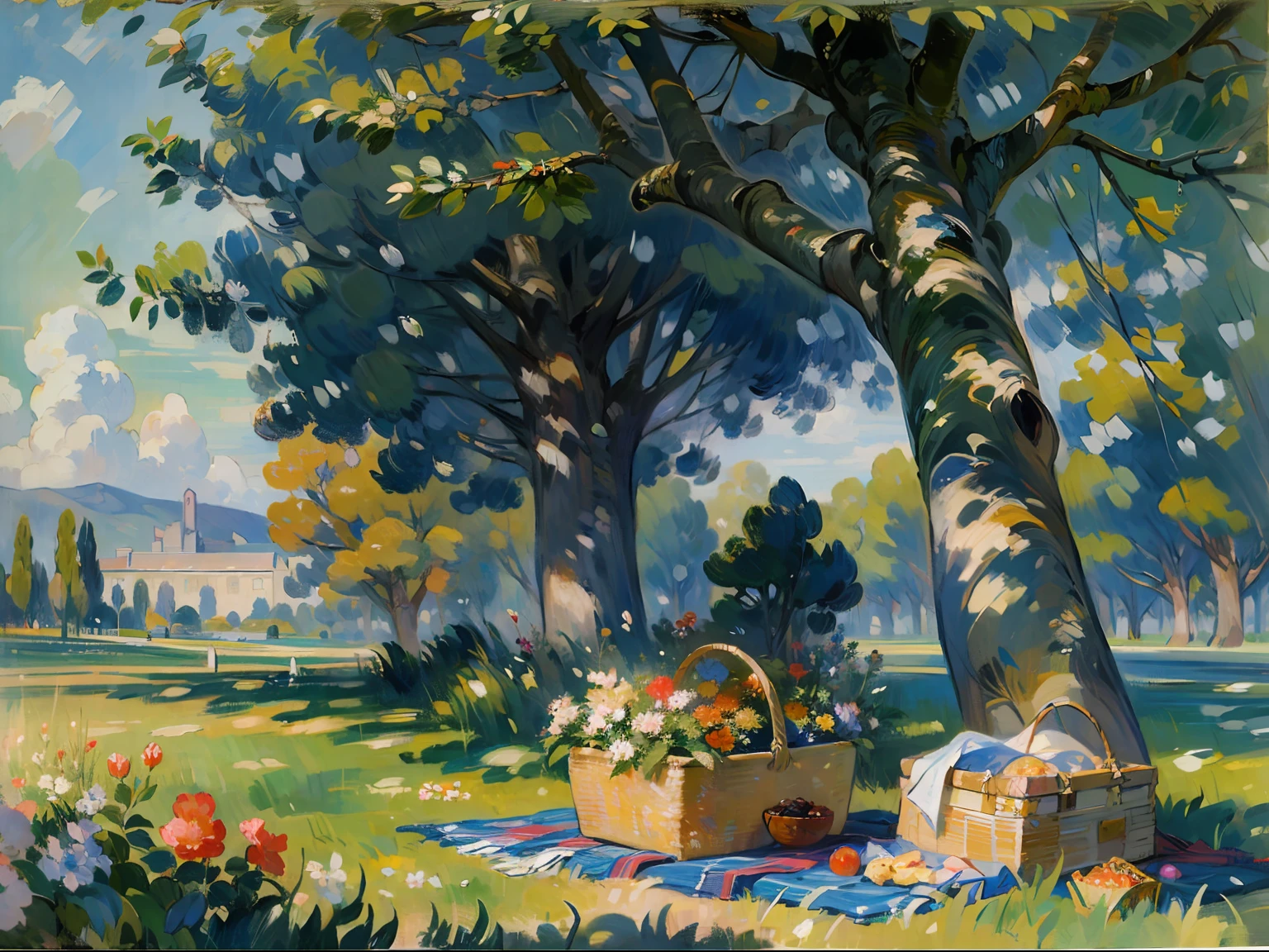 ((a tree)), ((oak)), ((ombre)), ((blanket)), ((picnic basket)), grass, Flowers, estate, palace, columns, ((19th century)), (Renoir), (Monet), (oil painting)