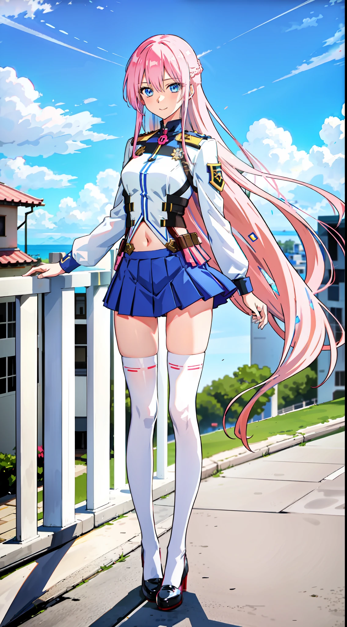 shikimori, slim legs, exposed navel, short skirt, beautiful eyes, blue eyes, happy, soldier uniform, pink hair, long hair, thigh high socks, balcony, full body,