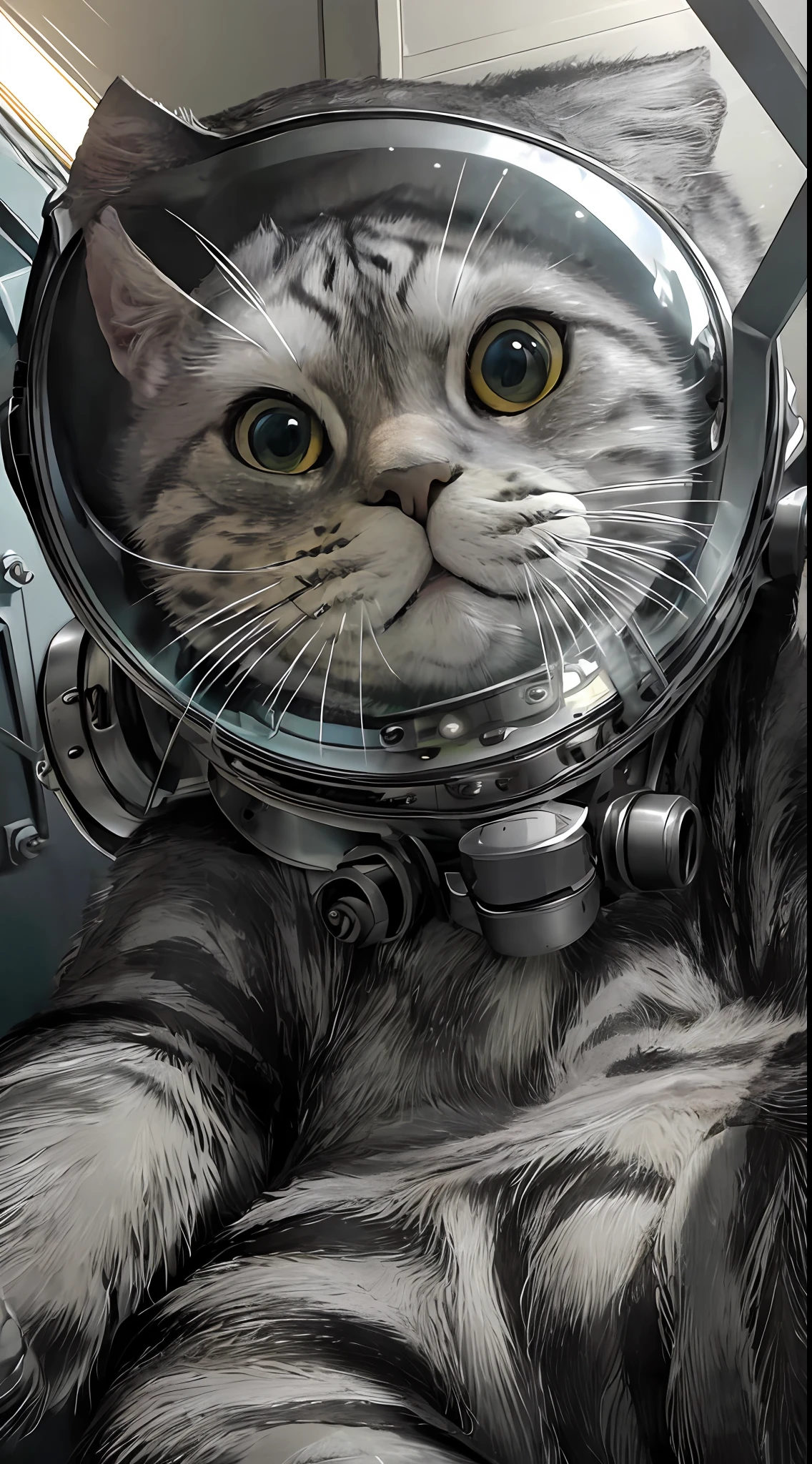 ((best quality)),((masterpiece)),(detailed),(realistic:1.4),ultra high res,Highly detailed,(raw photo:1.2),(photorealistic:1.4),Exceptional detail,dramatic lighting,highres,8k,absurdres,1cat,meloncat,((space helmet)),astronaut,flying cat,universe,aliens,alien space ship,spaceship light on cat,hand POV,earth,animal focus,animal,no humans,realistic,looking at viewer,