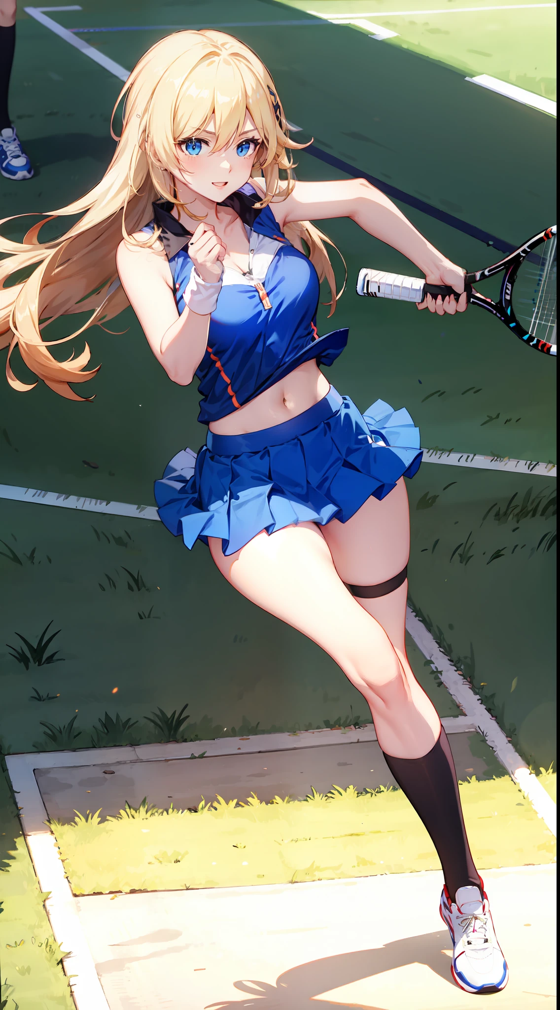 slim legs, happy, cleavage, short skirt, navel, blue eyes, tennis player, thigh high socks, stand, blonde hair, long hair, short skirt