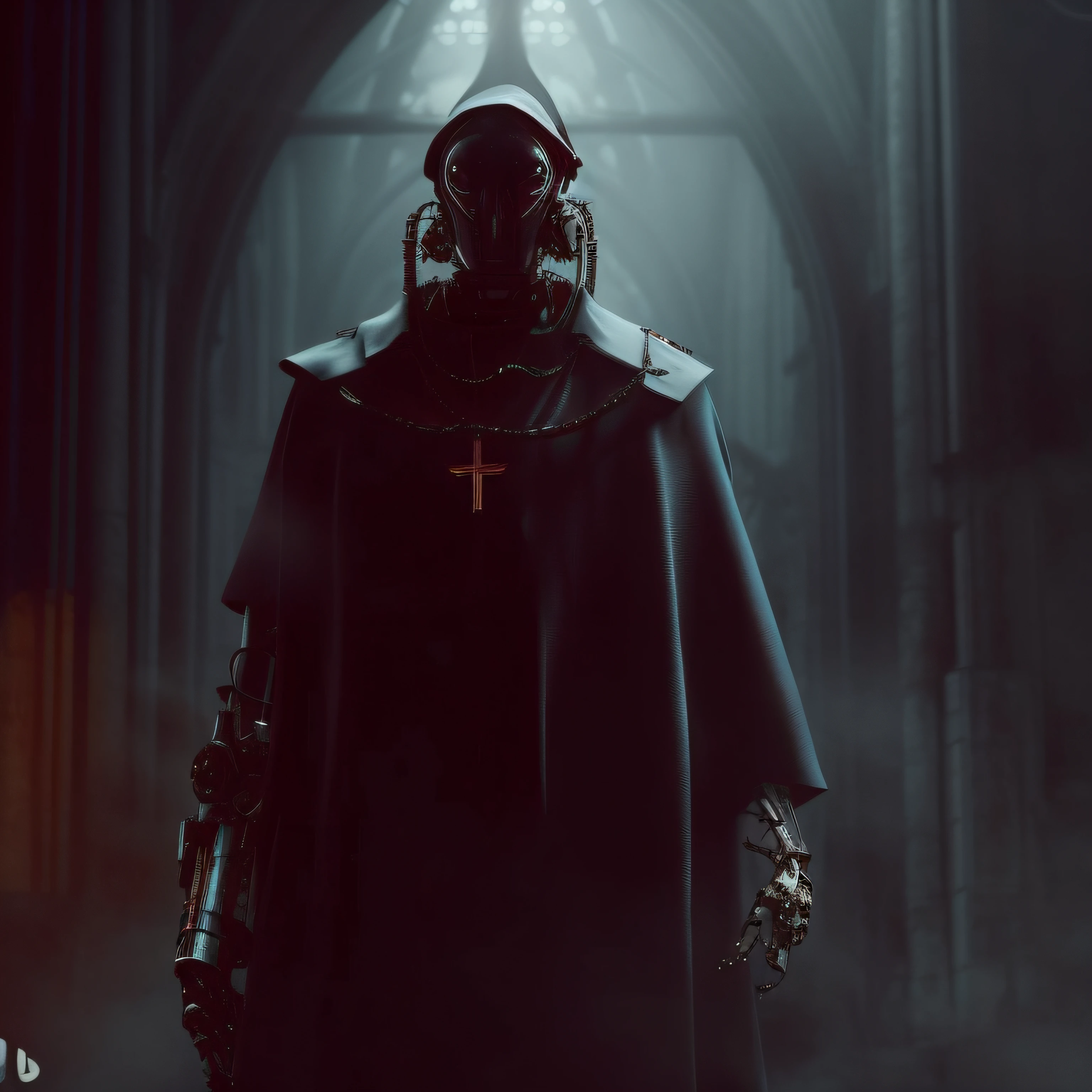 Image of a macabre robot wearing a rustic old cassock with a crucifix hanging inside a dark Gothic church, Cyberpunk ortodoxo, gothic - cyberpunk, Inside a dystopian Gothic, desonrado inspirado, arte conceitual escura fotorrealista, estilo desonrado, Inspirado Sci Vitoriano - Fi, robot bishop guards, cyberpunk sombrio, steel inquisitor from mistborn, Wojtek FUS, cyberpunk fantasia sombria, Catedral Cyberpunk