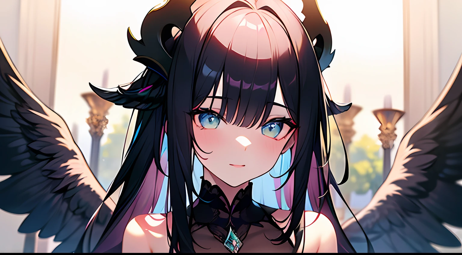 (Masterpiece:1.2), best quality, (illustration:1.2), (ultra-detailed),Eye focus,(Masterfully crafted Glow, pink lens flare), (Cinematic background), hyper details, (delicate detailed), (intricate details),in the air, octane render, hdr, (hyperdetailed:1.15), (soft light:1.2), 1girl, beautiful girl, ultra detailed eyes, mature, plump, thick, rainbow painting drops, paint teardrops, woman made up from paint, entirely paint, splat, splash, outdoors, (bioluminescent hair:1.1),(glowing eyes), ((makeup)),(Cinematic masterpiece), fierce, powerful, splashes of colour absolutely eye-catching, (Cinematic headlight), light coming from above, growing shadows, ((caustic)), dynamic angle, beautiful detailed glow, ambient occlusion, ambient light, raytraced reflections,(best illumination, an extremely delicate and beautiful), ((cinematic light)), (soft:2), (Nephilim:1.2), (halo), demon horns,(1 angel wing),1 demon wing, wings on back, half demon, demon ears, black wings, raven wings, (falling raven feathers), black hair, grey eyes, (red hair glow), (radiant aura),