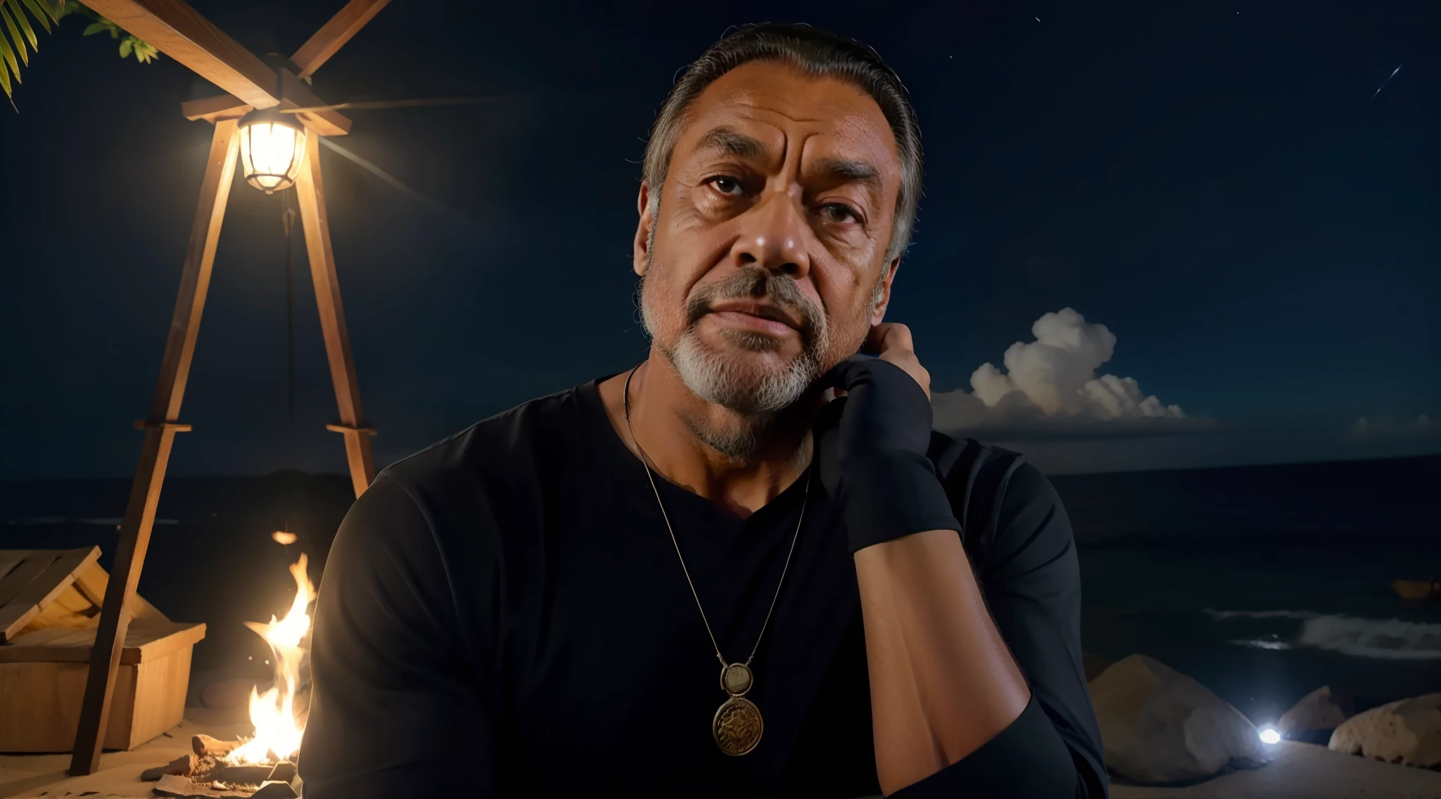 um homem velho, idoso, pele enrugada, cabelos grisalhos, pele branca, noite, sentado no quintal