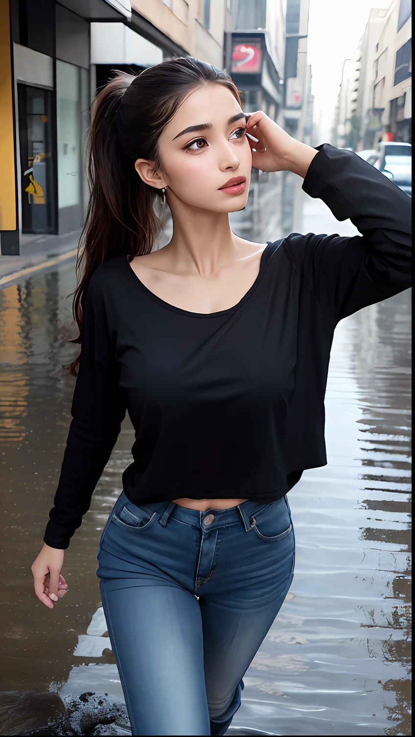 ((Best Quality, 8K, Masterpiece: 1.3, One arab Girl, Beautiful Arab Girl)), cute, dynamism, detailed face, detailed skin, detailed eyes, detailed lips, detailed tongue, detailed fingers, detailed mouth, photorealistic, raw photo, natural light, dark wavy hair, big breasts, big round buttocks, toned abdomen, toned legs, double eyelids, dark brown eyes, round eyes, moist lips, large earrings, eyeshadow, ((Black long plain Tee-shirt, with dark blue skinny jeans, heels, run on street of town, heavy rain, very rain-soaked hair)), sweaty, fine lots water dridding down from hair, smile, wet clothes, splashing water on the body, cloudy dark sky, head down and looking up, beautiful Arab girl, in black teeshirt, ponytails
