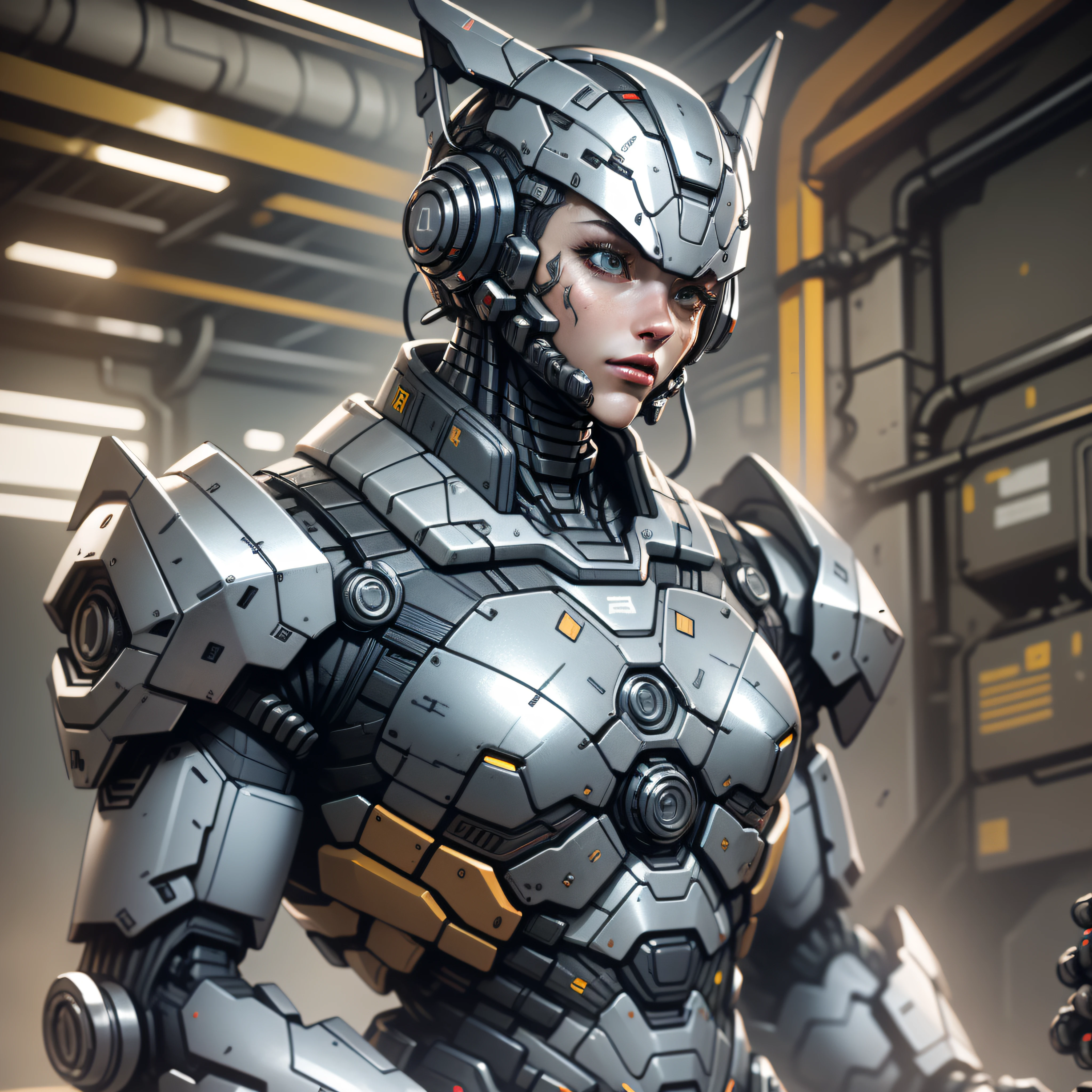 (masterpiece, best quality), intricate details, photo, realistic, unreal engine, Gray chrome and blue chrome
Mecha, humanoid robot, robot, robot joints, joints, helmet, armor, robot man, new, cyberpunk warehouse, computer terminals, arcing electricity, sp3ct4, dark atmosphere,