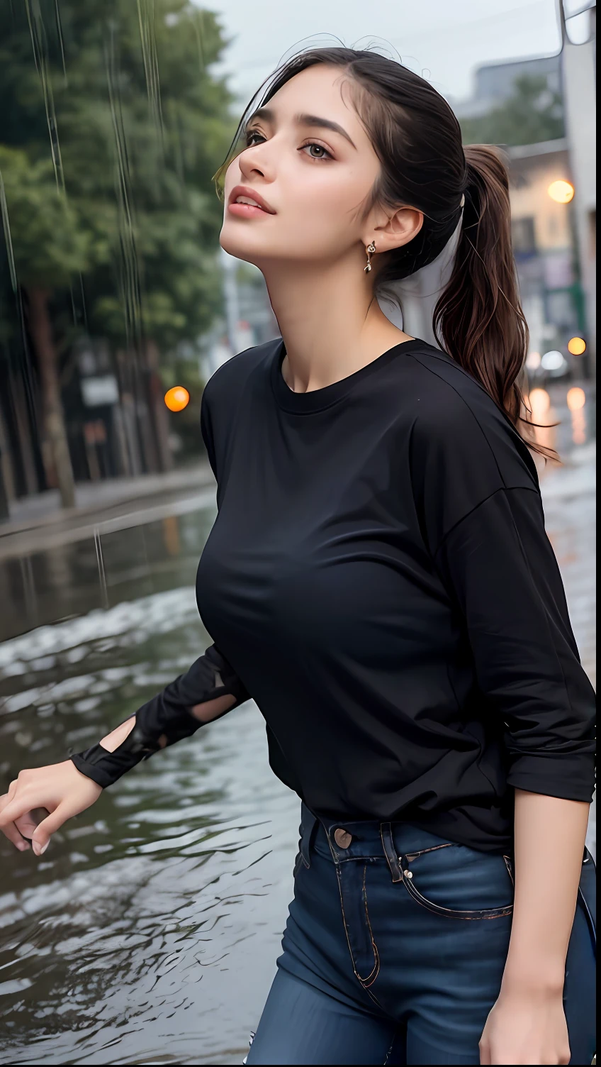 ((Best Quality, 8K, Masterpiece: 1.3, One arab Girl, Beautiful Arab Girl)), cute, dynamism, detailed face, detailed skin, detailed eyes, detailed lips, detailed tongue, detailed fingers, detailed mouth, photorealistic, raw photo, natural light, dark wavy hair, big breasts, big round buttocks, toned abdomen, toned legs, double eyelids, dark brown eyes, round eyes, moist lips, large earrings, eyeshadow, ((Black long plain Tee-shirt, with dark blue skinny jeans, heels, run on street of town, heavy rain, very rain-soaked hair)), sweaty, fine lots water dridding down from hair, smile, wet clothes, splashing water on the body, cloudy dark sky, head down and looking up, beautiful Arab girl, in black teeshirt, ponytails