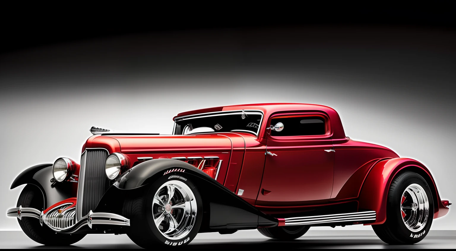 a Red Hot rod car with pinstripe art styling paintjob And black interior sits in a white background, in the style of hajime sorayama, 1930s, bold yet graceful, rim light, gothic-influenced, 32k uhd, eero saarinen, full car render, masterpiece, car centered