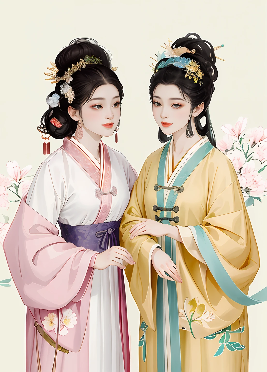 Two women，A face is large and round、fatness、Yellow-black complexion，Another woman has a small face，Slightly thin，white complexion，Two women holding hands，All confident、generous、independence、bravery、Has its own unique temperament，Have personality，independence，Dress differently in their own style，Chinese style clothes of the national tide