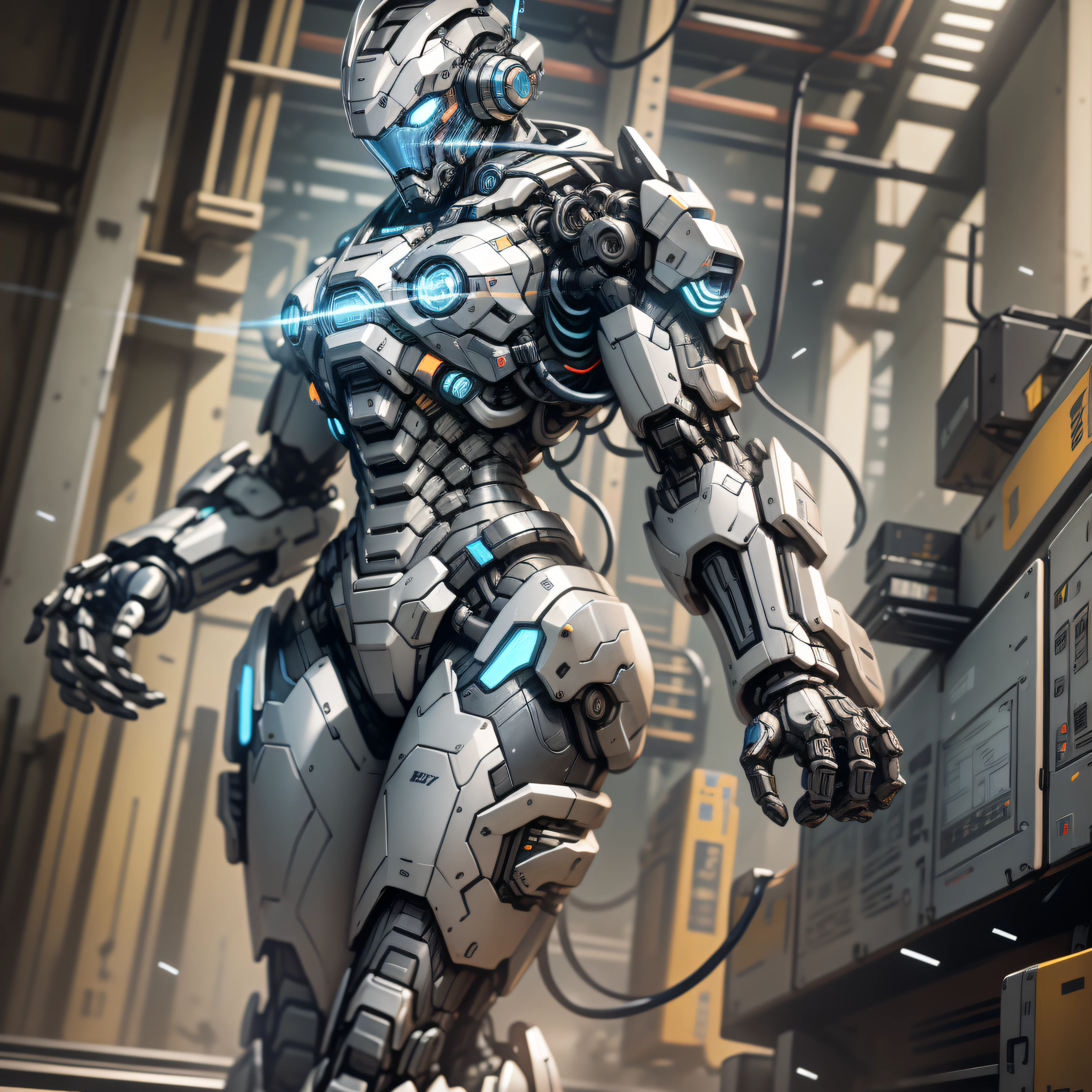 (masterpiece, best quality),  intricate details, photo, realistic, unreal engine, Gray chrome and blue chrome
 Mecha, humanoid robot, robot, robot joints, joints, helmet, armor, robot man, new, cyberpunk warehouse, computer terminals, arcing electricity,  sp3ct4,  dark atmosphere,